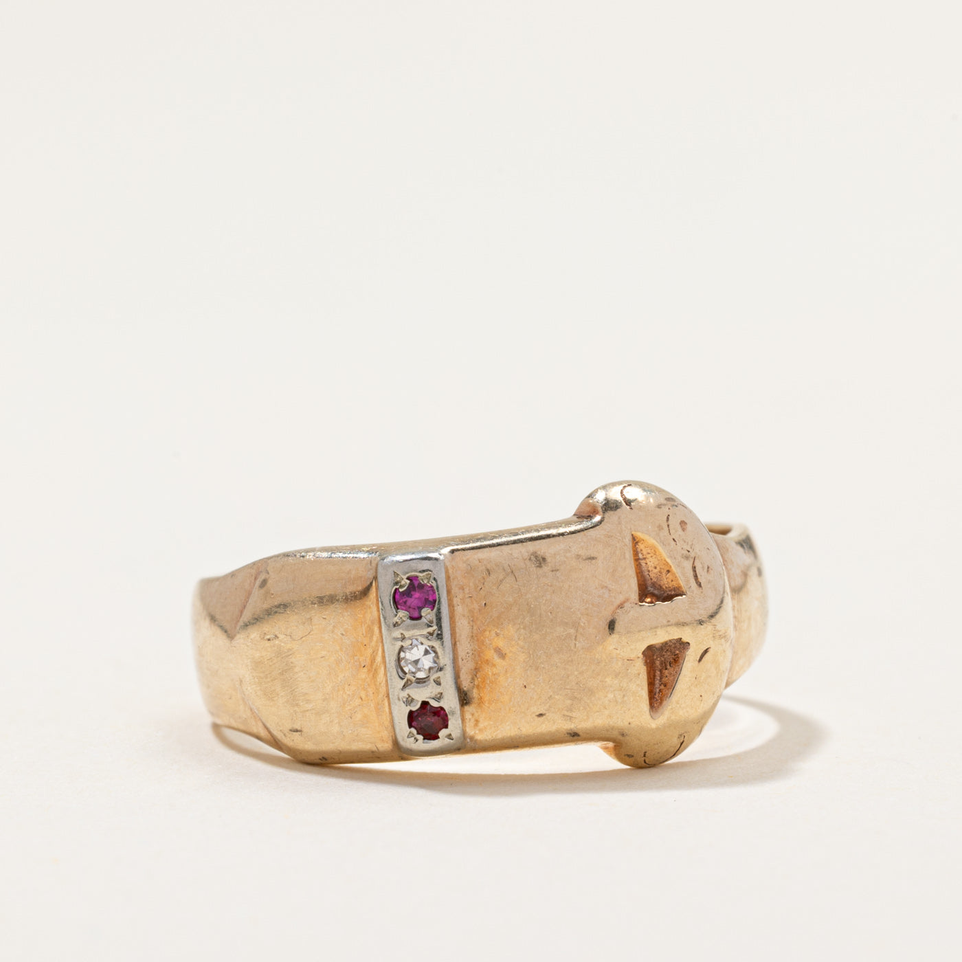 Vintage Diamond & Ruby Buckle Ring | 0.01ct, 0.02ctw | SZ 10