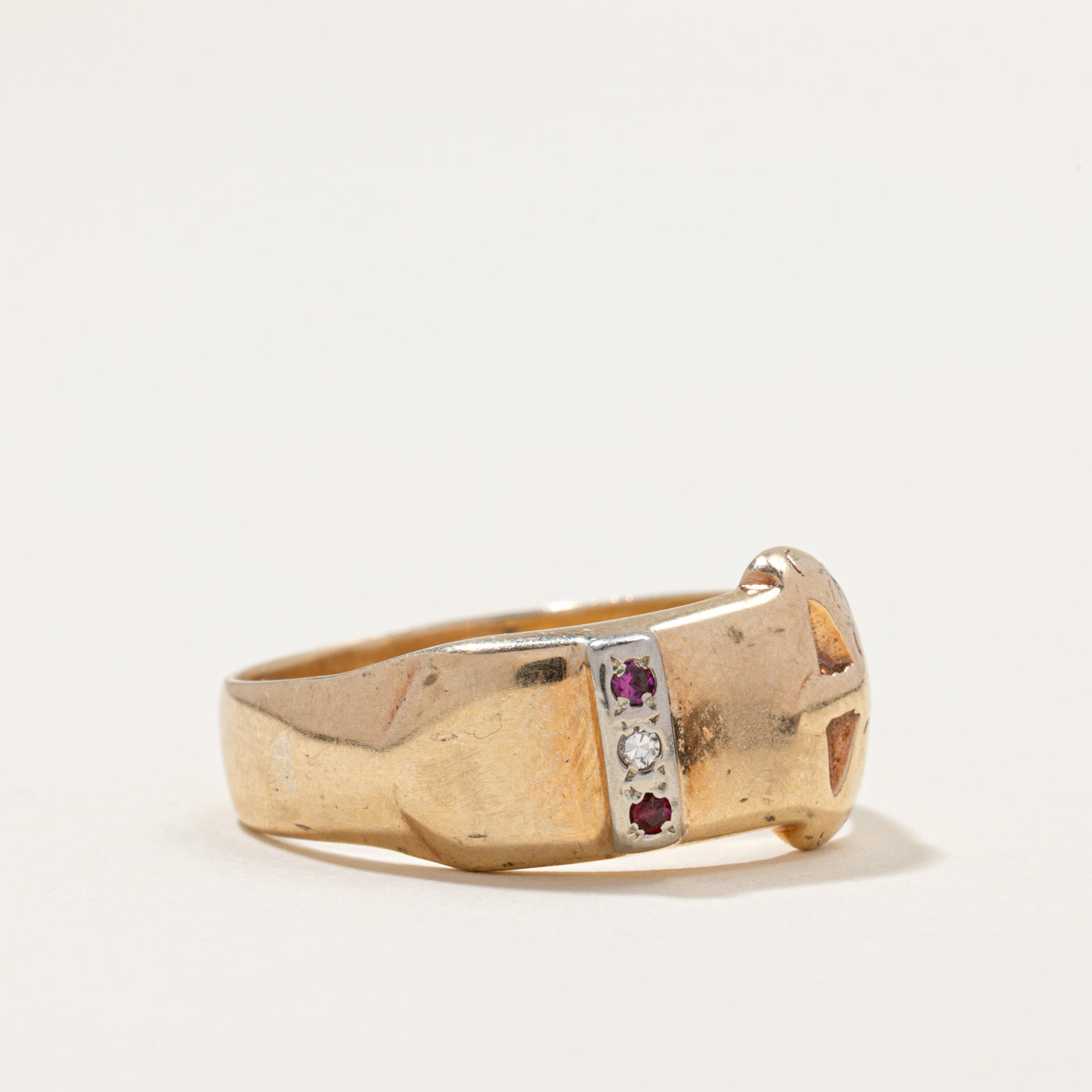Vintage Diamond & Ruby Buckle Ring | 0.01ct, 0.02ctw | SZ 10