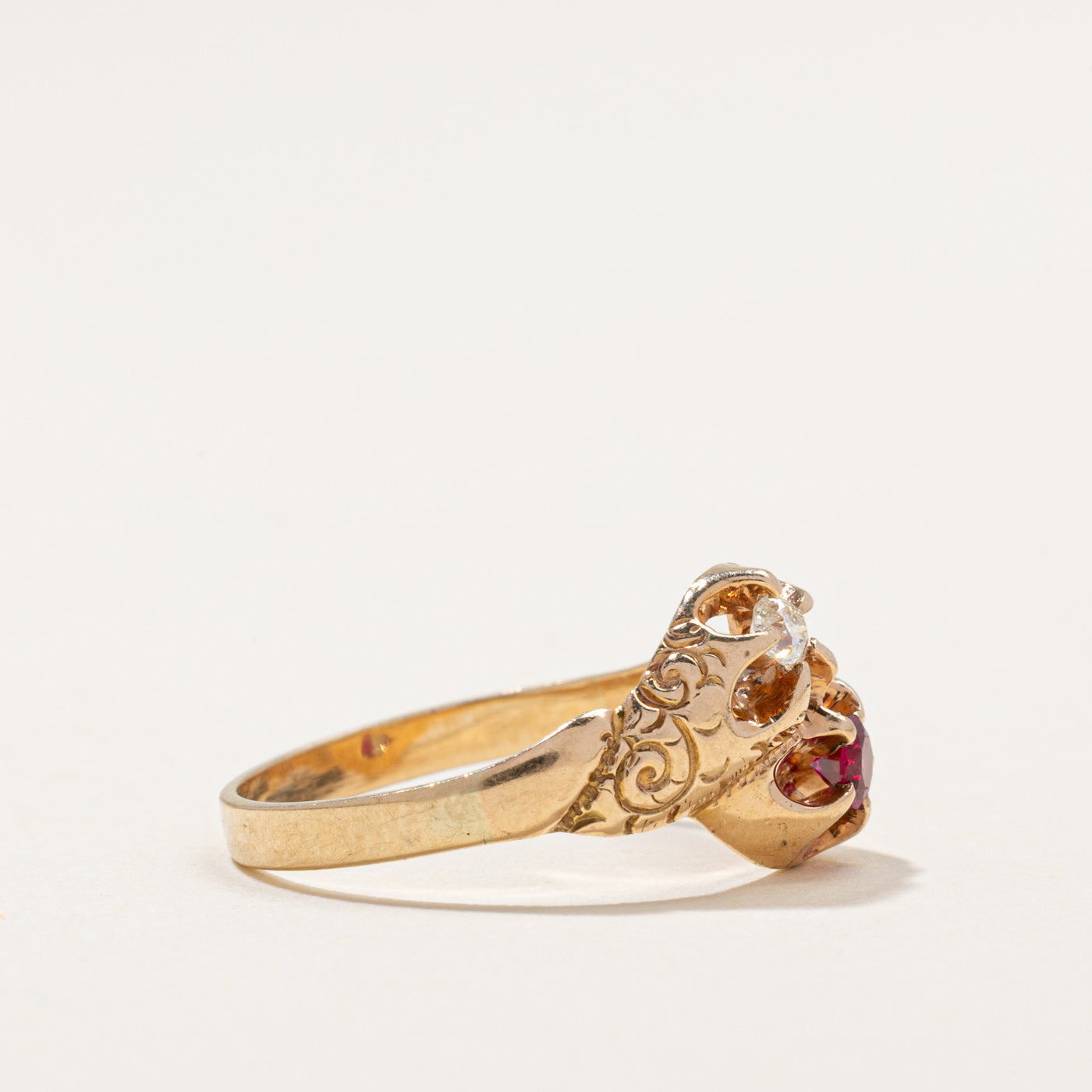 Retro Synthetic Ruby & Natural Diamond Ring | 0.09ct, 0.06ct | SZ 4.75