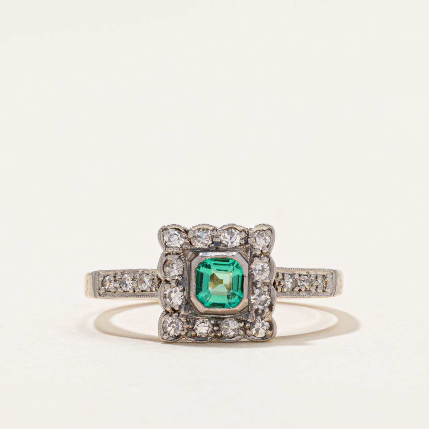 Antique Synthetic Emerald & Diamond Ring | 0.20ctw, 0.22ct | SZ 7.25