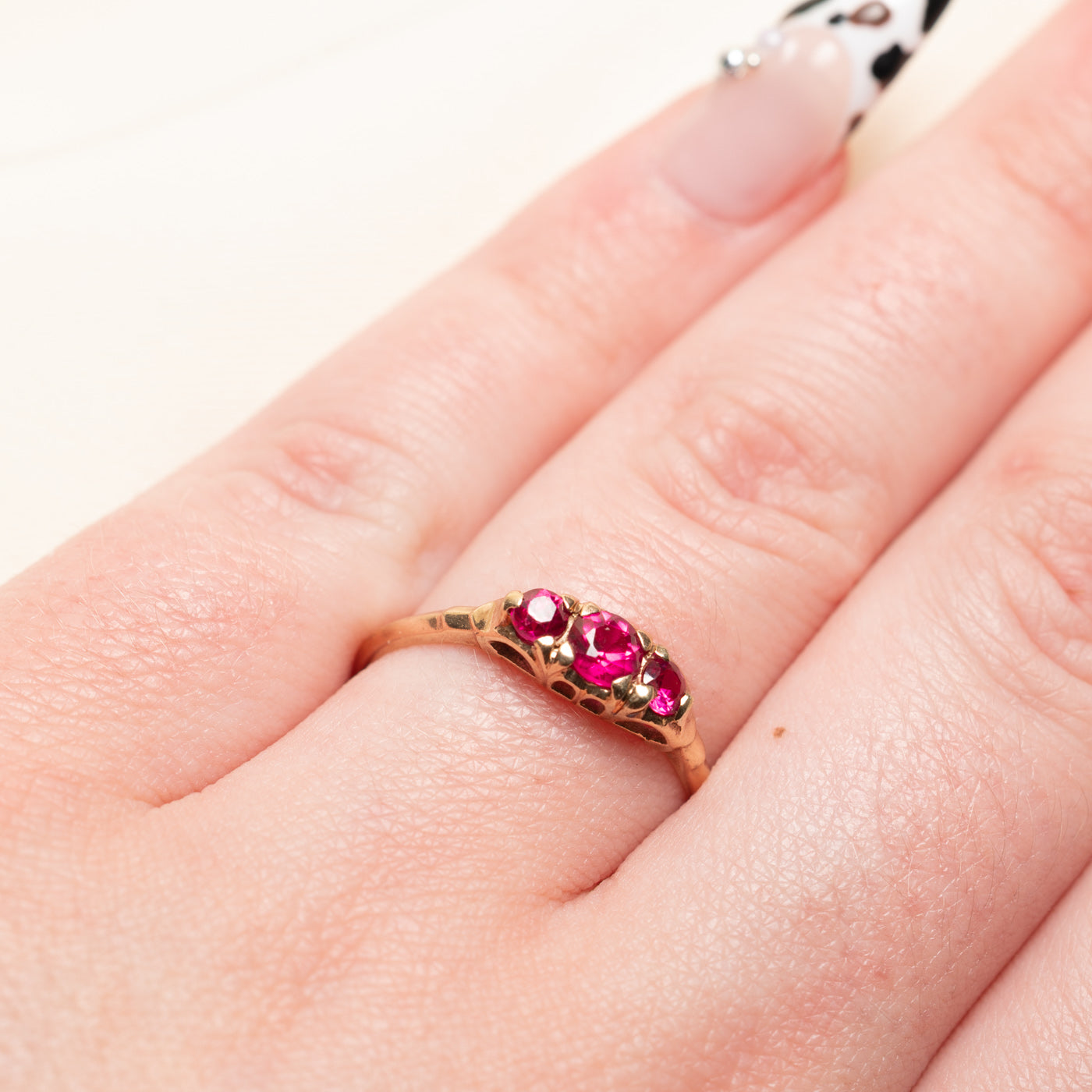 Three Stone Synthetic Ruby Ring | 0.70ctw | SZ 9.25