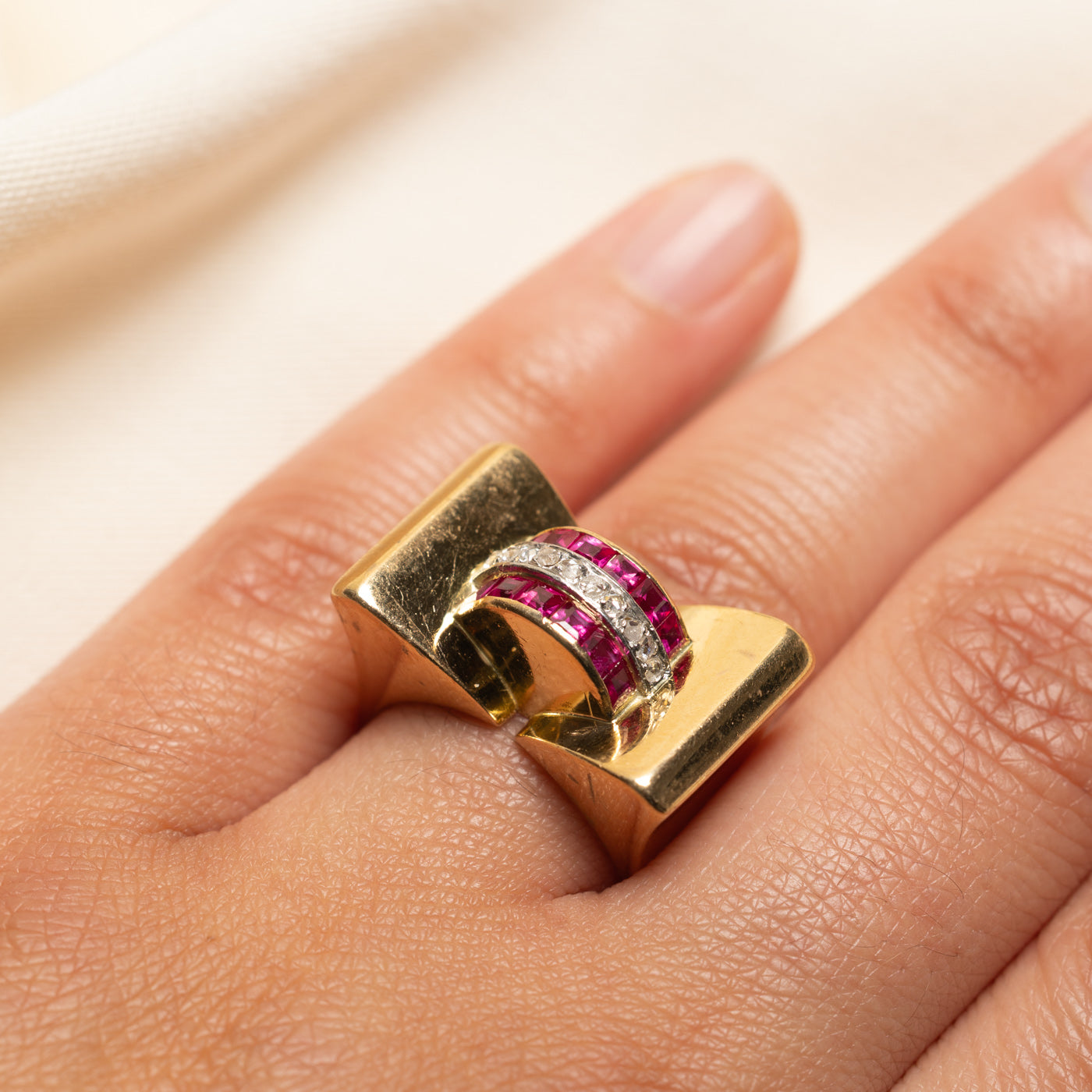Synthetic Ruby & Natural Diamond Bow Cocktail Ring | 0.75ctw, 0.10ctw | SZ 8