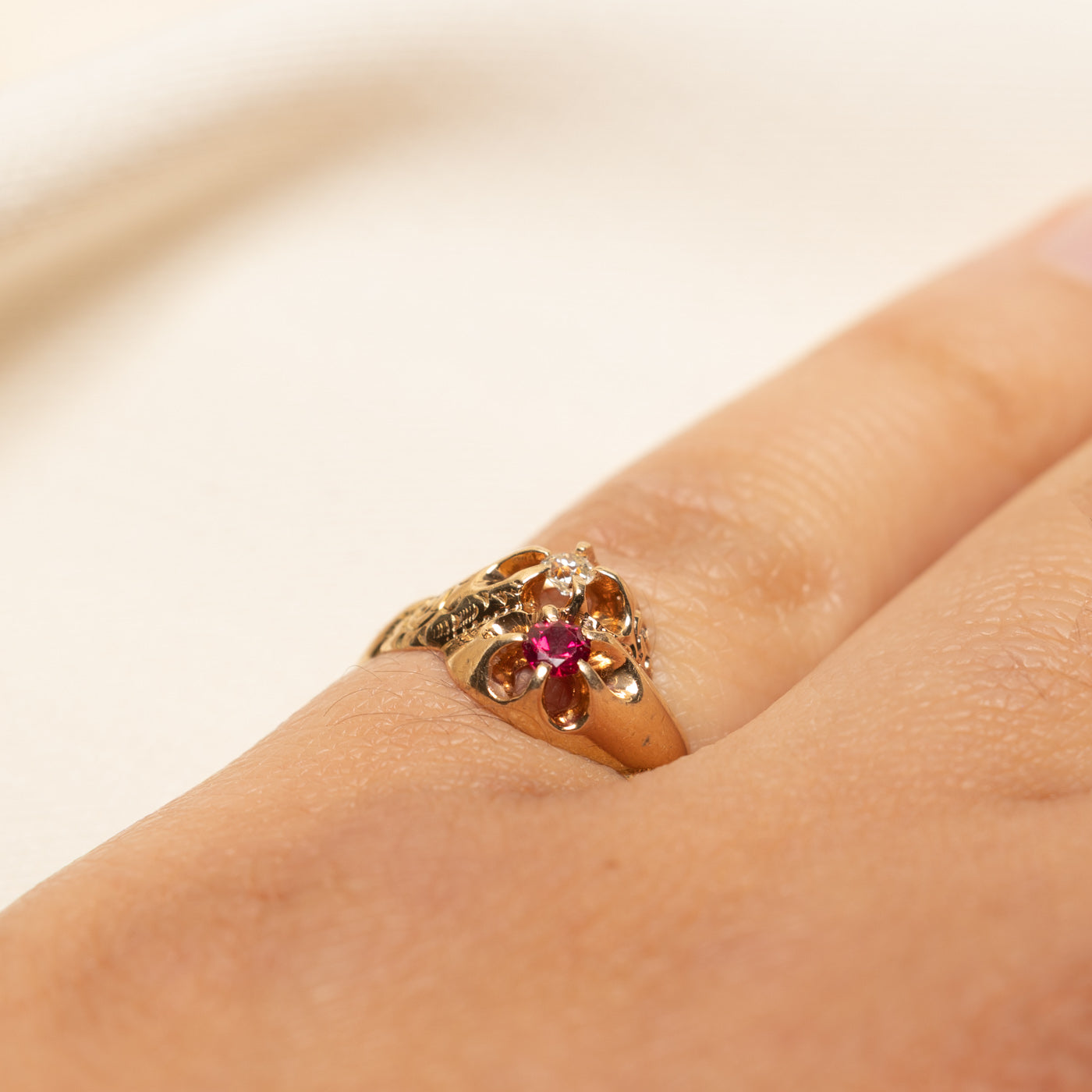 Retro Synthetic Ruby & Natural Diamond Ring | 0.09ct, 0.06ct | SZ 4.75