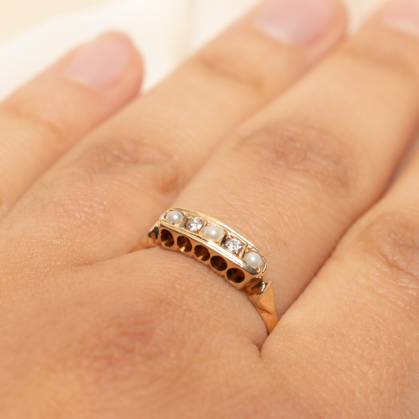 Vintage Five Stone Pearl & Diamond Ring | 0.07ctw | SZ 8.5
