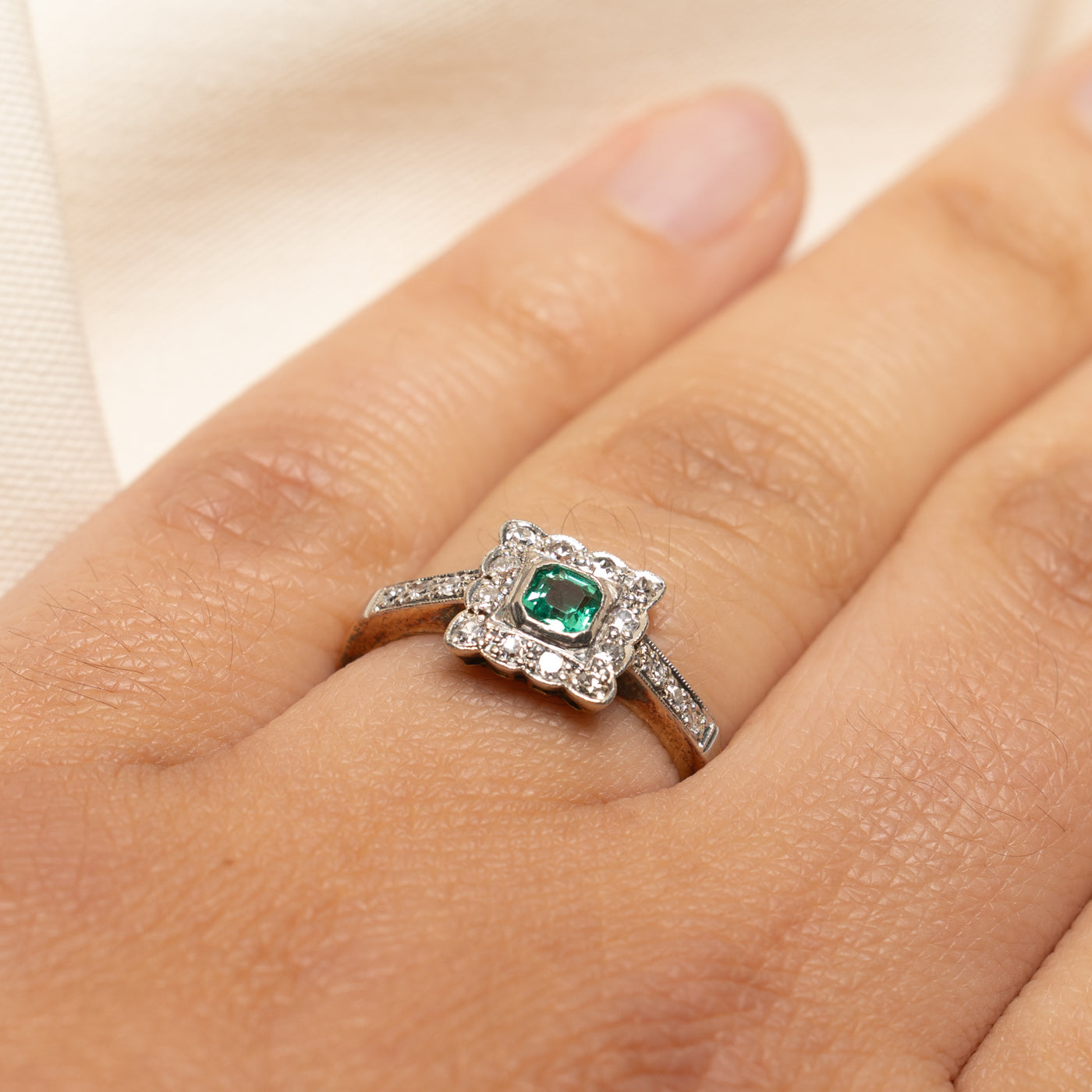 Antique Synthetic Emerald & Diamond Ring | 0.20ctw, 0.22ct | SZ 7.25