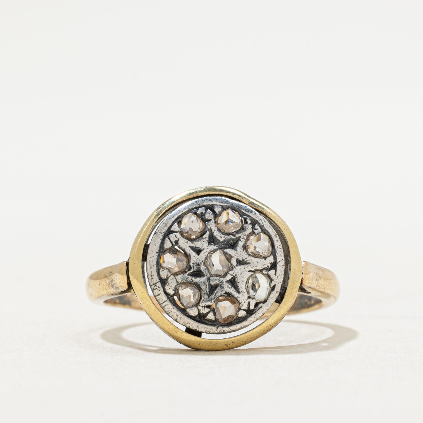 Bague en argent antique sertie d'un diamant taille rose sur or 18 carats | 0,24 ct | Taille 7,25
