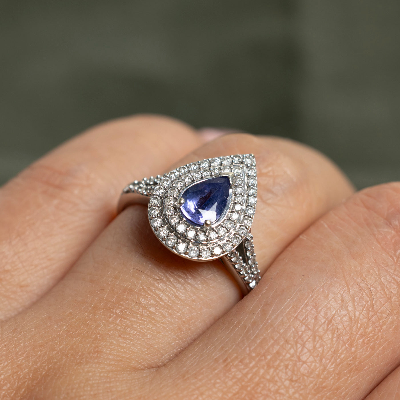 Pear Cut Tanzanite & Diamond Halo Ring | 0.68ct, 0.58ctw | SZ 7.5