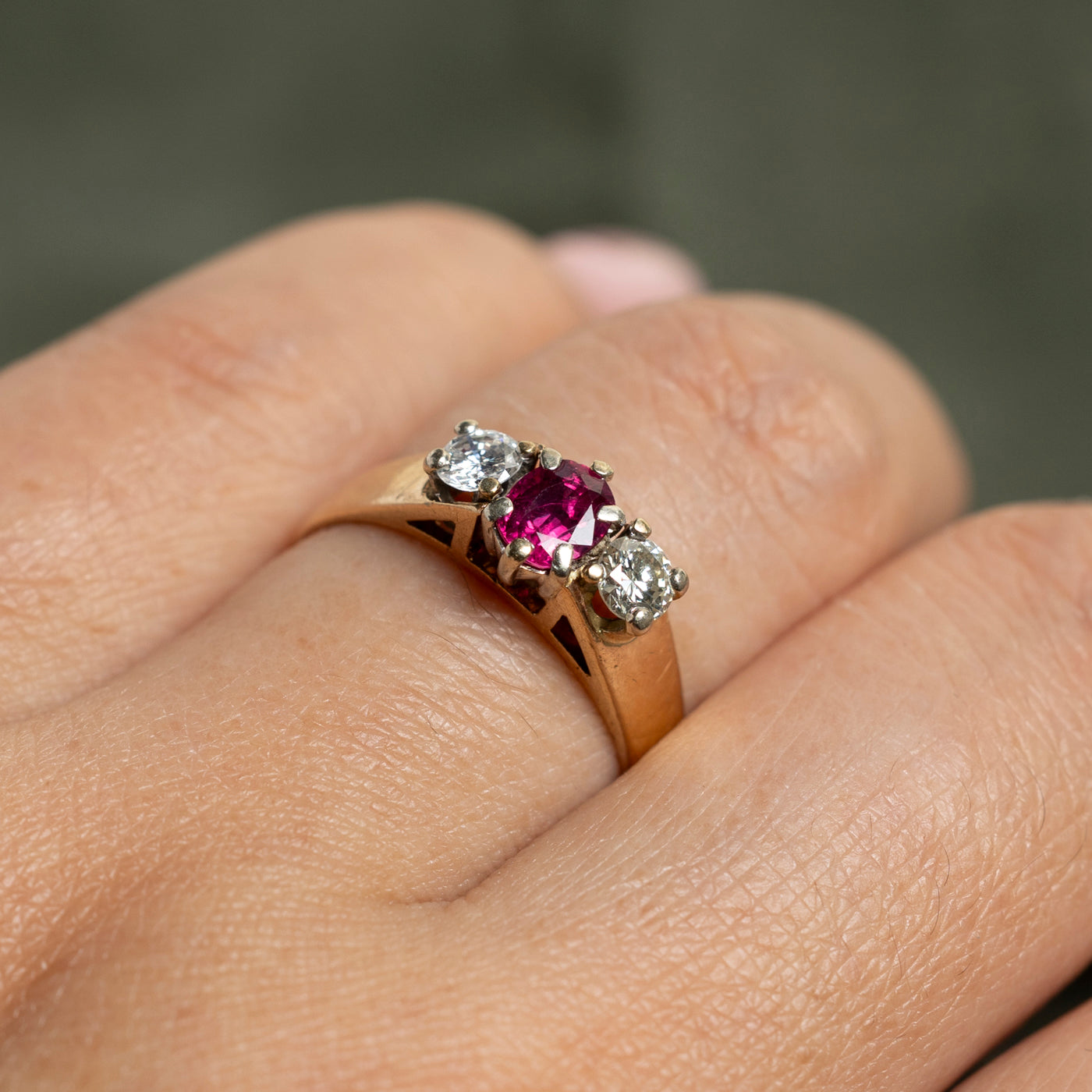 Three Stone Ruby & Diamond Ring | 0.52ct, 0.18ctw | SZ 7.25