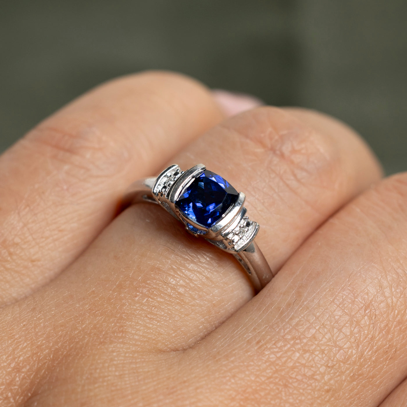 Sterling Silver Synthetic Sapphire & Natural Diamond Ring | 1.00ct, 0.01ctw | SZ 7.5