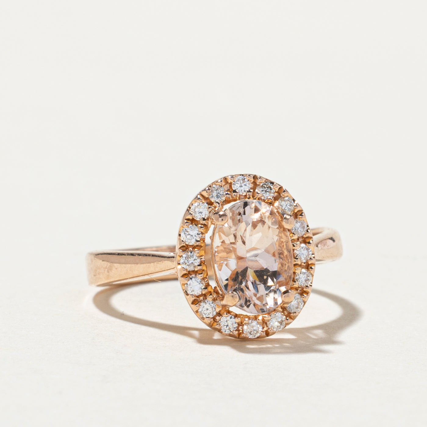Oval Cut Morganite & Diamond Halo Ring | 0.71ct, 0.14ctw | SZ 3.25