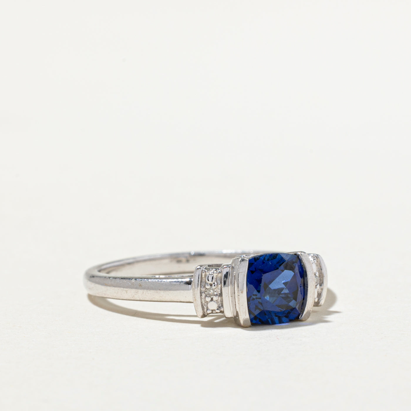 Sterling Silver Synthetic Sapphire & Natural Diamond Ring | 1.00ct, 0.01ctw | SZ 7.5