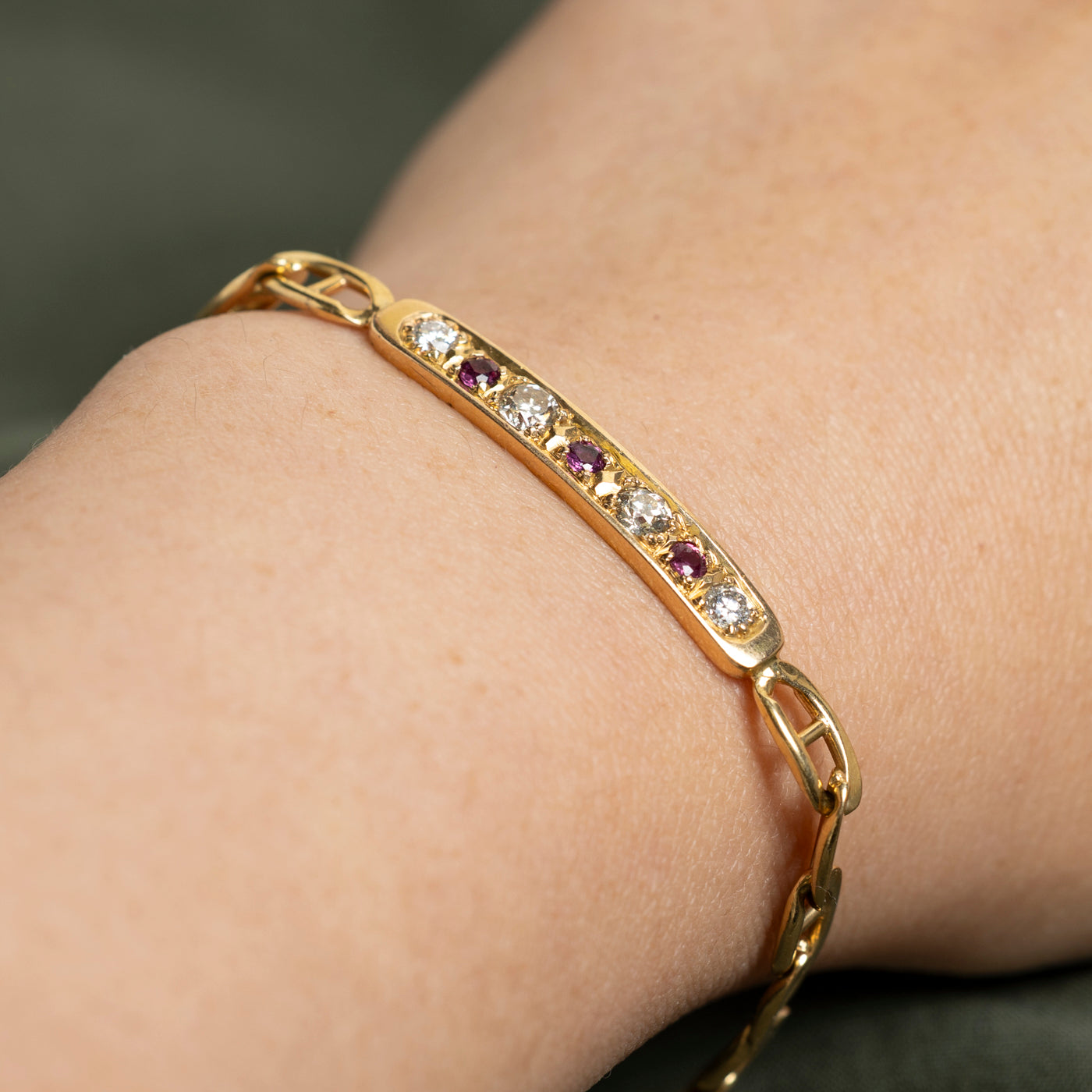 Diamond & Ruby Bar Anchor Chain Bracelet | 0.66ctw, 0.26ctw | 7.5"