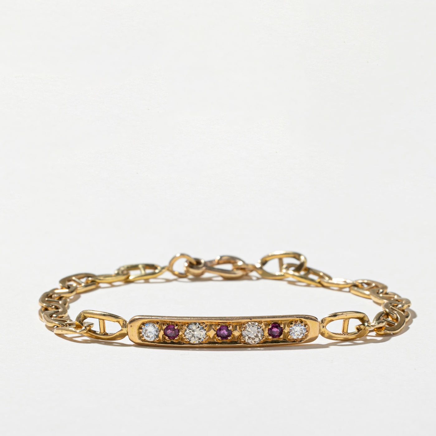 Diamond & Ruby Bar Anchor Chain Bracelet | 0.66ctw, 0.26ctw | 7.5"