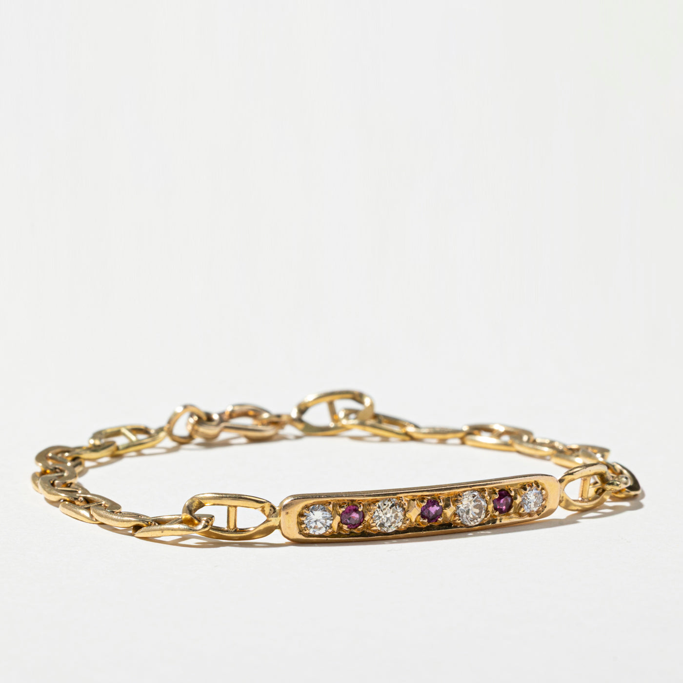 Diamond & Ruby Bar Anchor Chain Bracelet | 0.66ctw, 0.26ctw | 7.5"