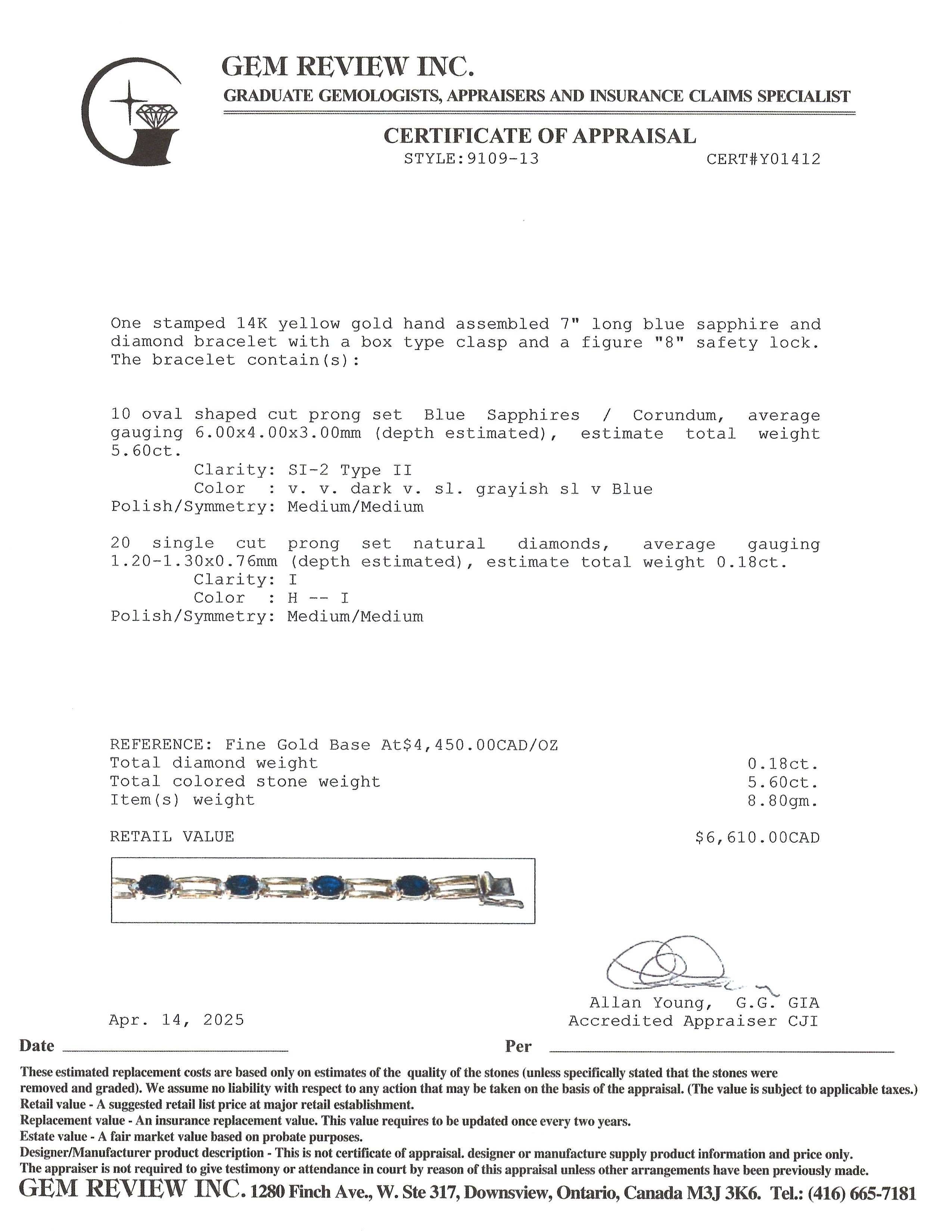 14K Sapphire & Diamond Gemstone Bracelet | 5.60ctw, 0.18ctw | 6.75"