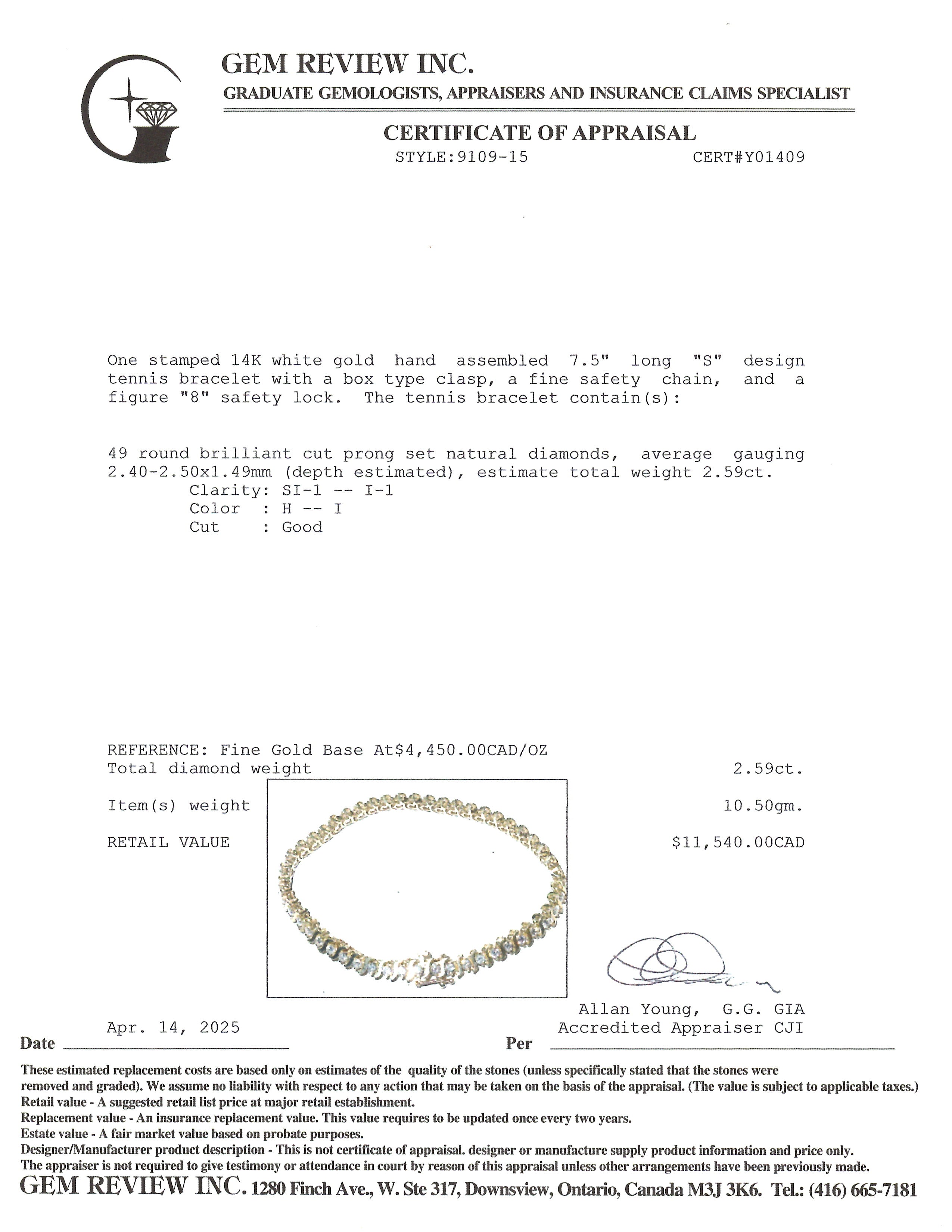 14K Diamond Tennis Bracelet | 2.59ctw | 7"