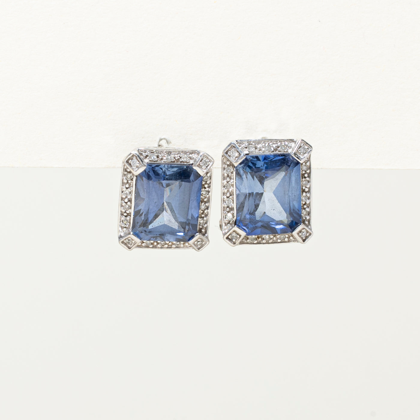 Synthetic Sapphire & Natural Diamond Halo Stud Earrings | 9.00ctw, 0.15ctw |