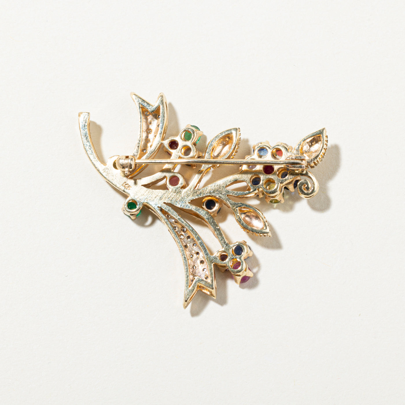 Coloured Gemstone & Diamond Floral Brooch | 2.22ctw, 0.25ctw |