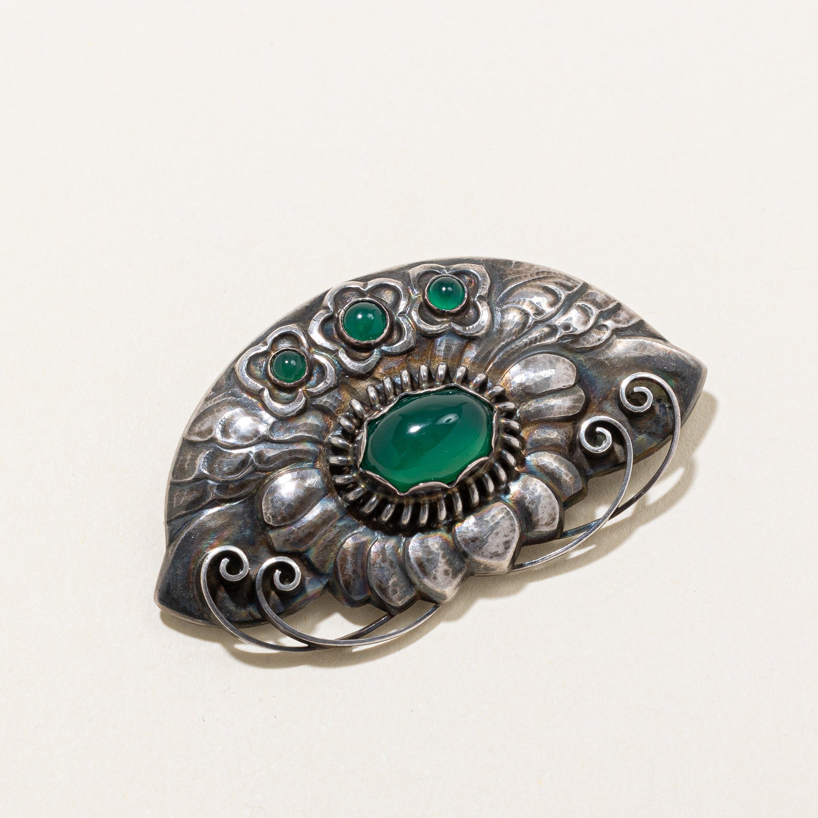 'Georg Jensen' Dyed Green Agate Floral Brooch | 7.67ctw