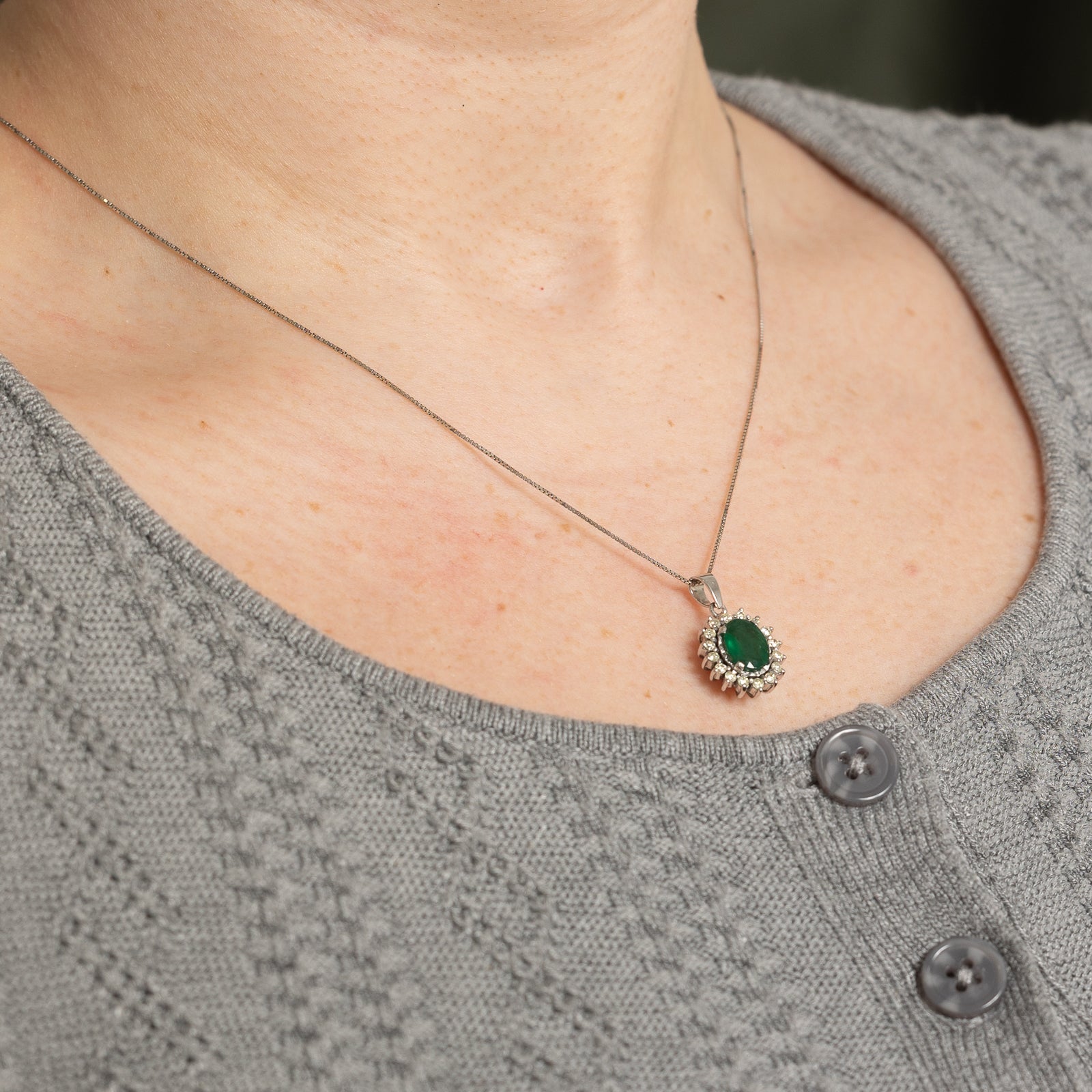 Emerald & Diamond Petal Pendant Necklace | 1.35ct, 0.32ctw | 17"