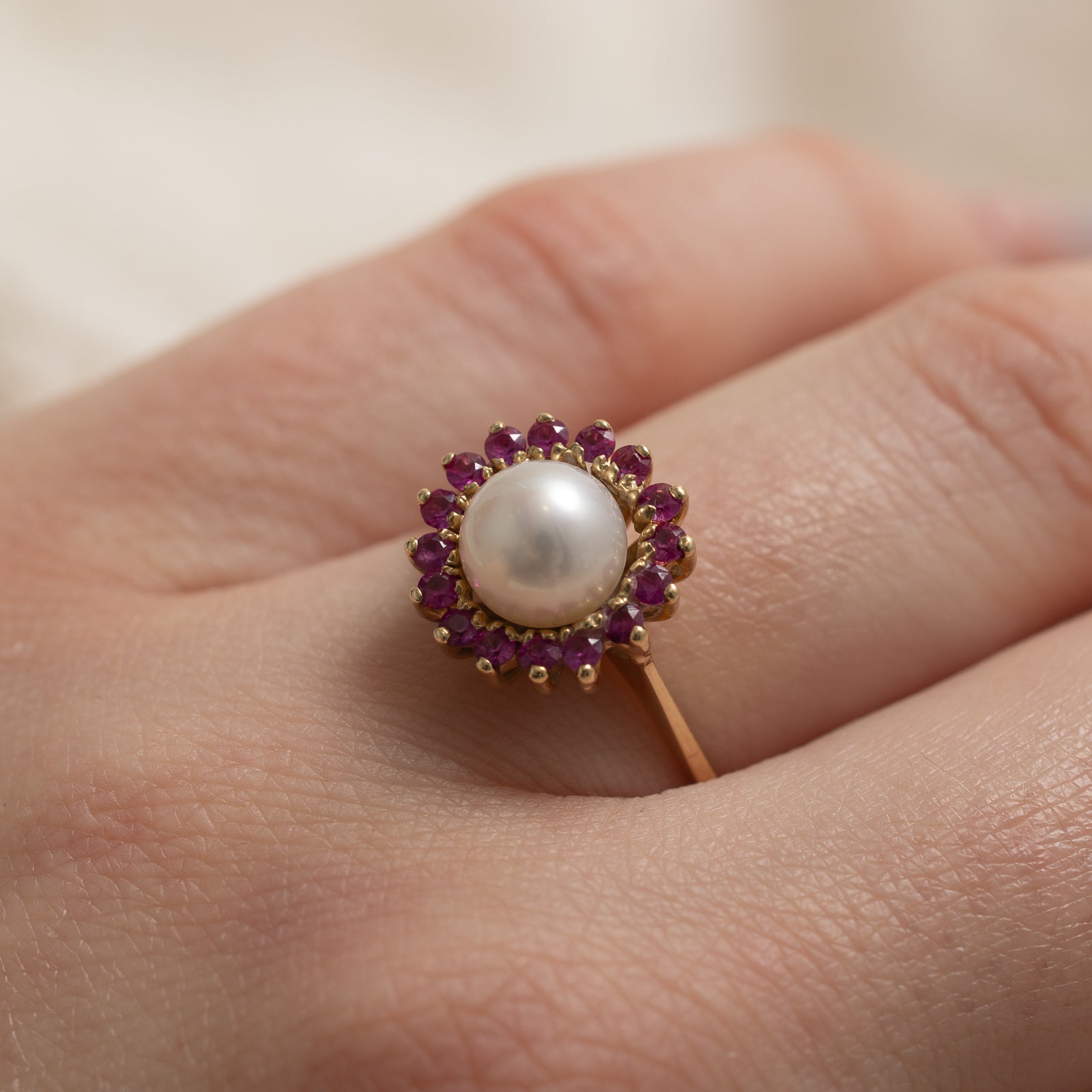 Pearl & Synthetic Ruby Halo Ring | 0.48ctw | SZ 7.5