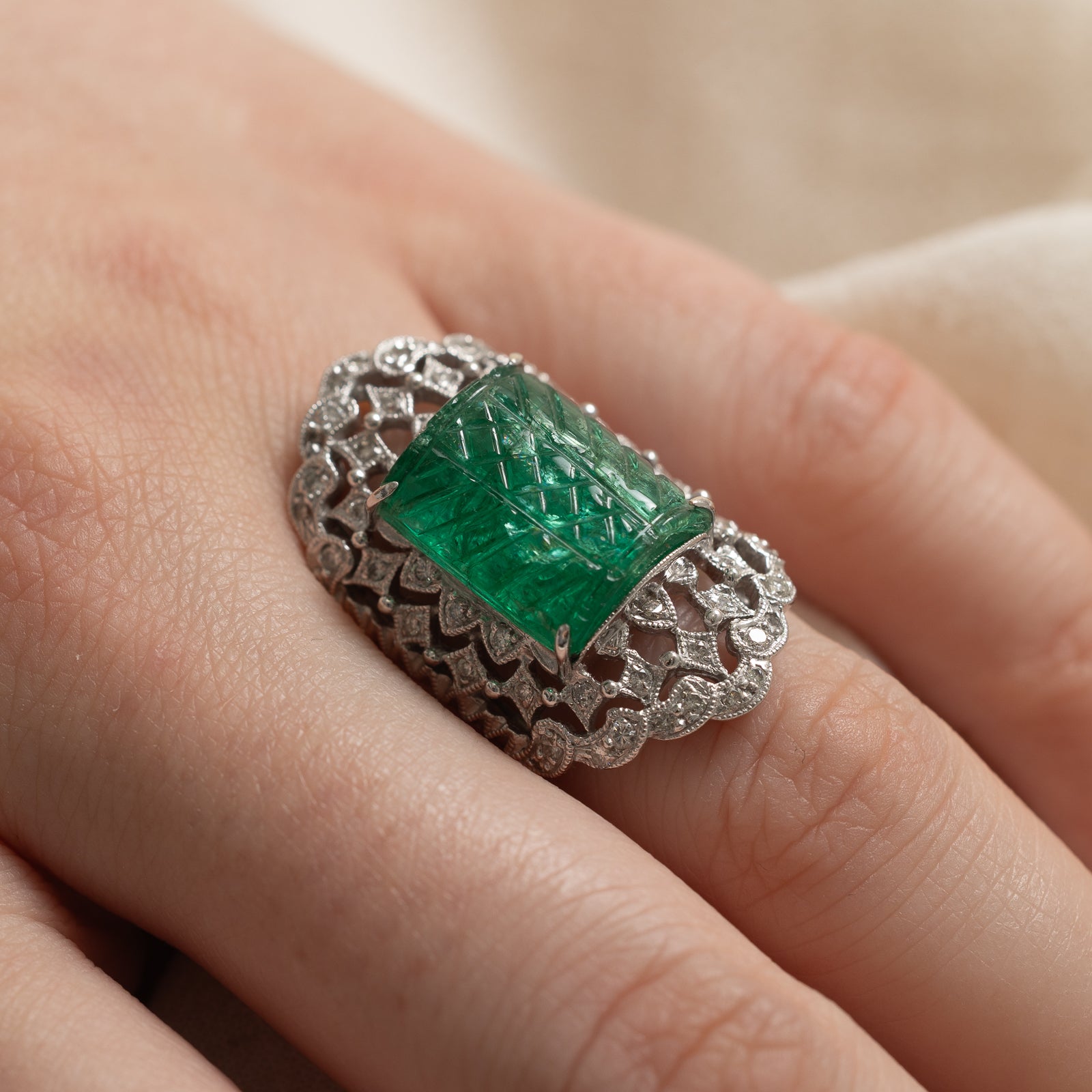 Carved Emerald & Diamond Cocktail Ring | 3.75ct | 0.65ctw | SZ 7.25