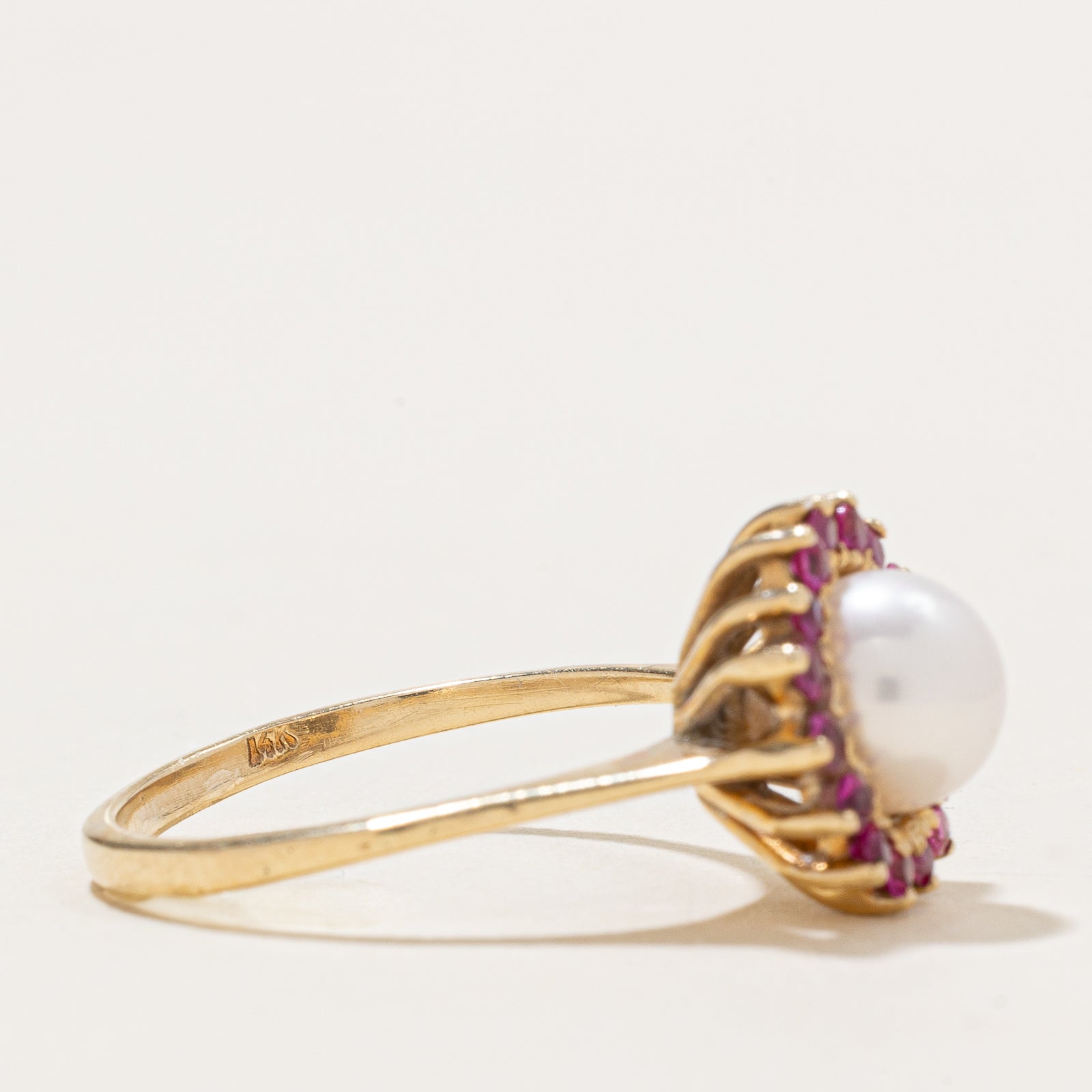 Pearl & Synthetic Ruby Halo Ring | 0.48ctw | SZ 7.5
