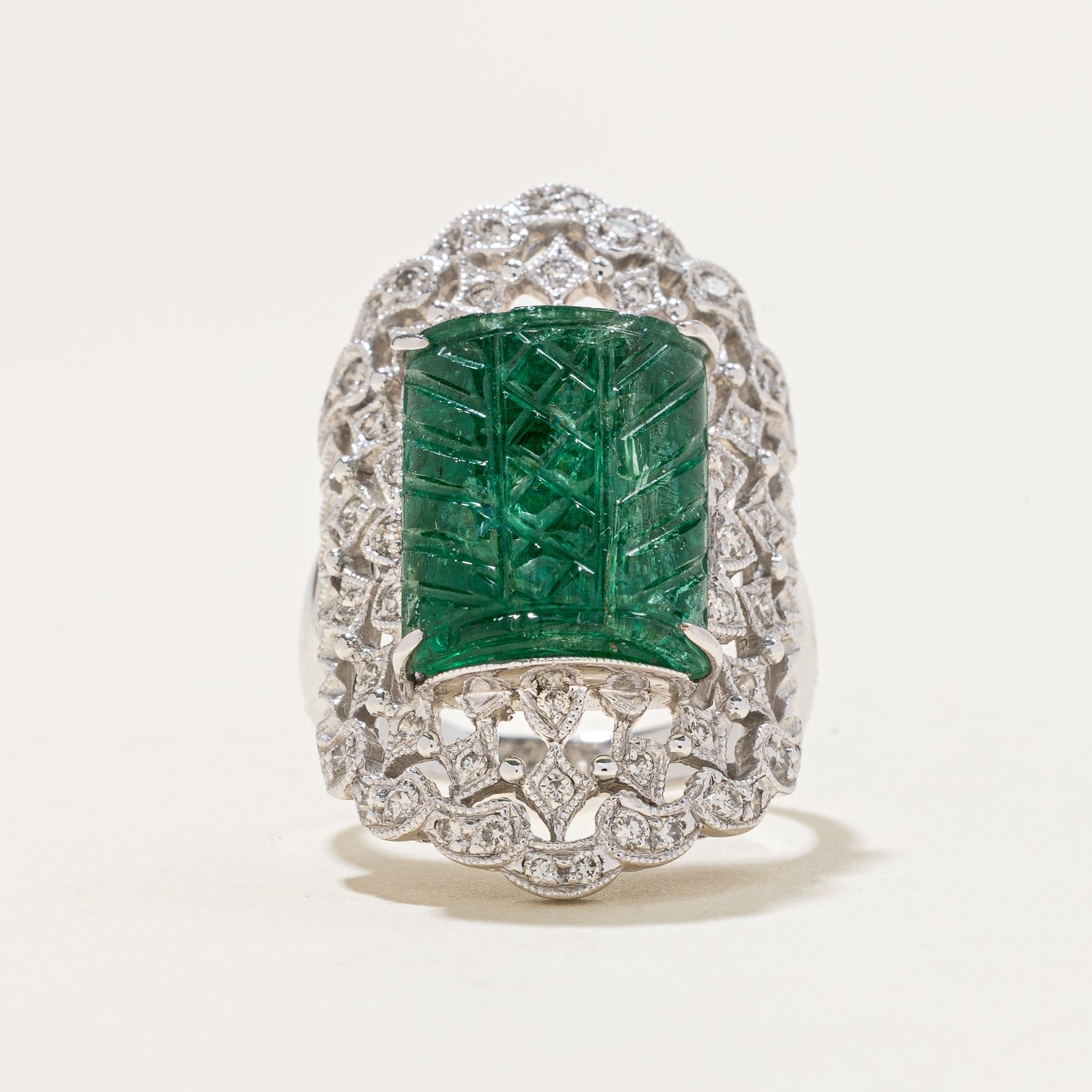 Carved Emerald & Diamond Cocktail Ring | 3.75ct | 0.65ctw | SZ 7.25