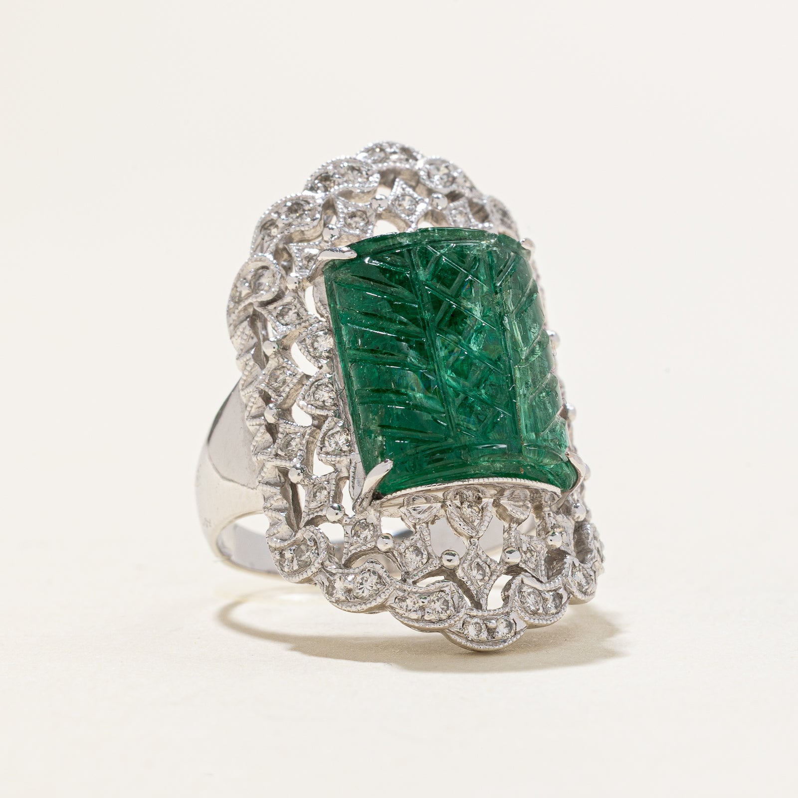 Carved Emerald & Diamond Cocktail Ring | 3.75ct | 0.65ctw | SZ 7.25