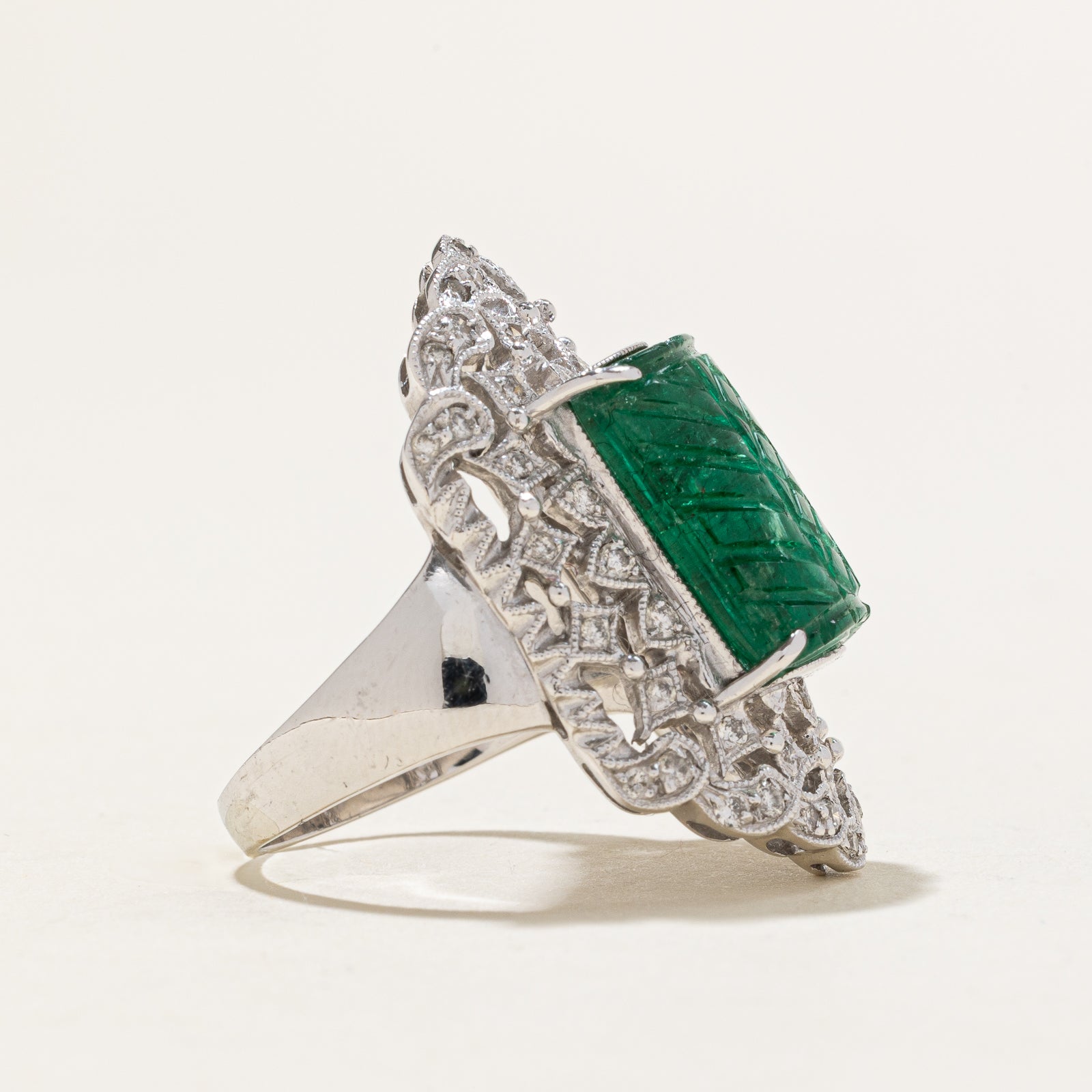 Carved Emerald & Diamond Cocktail Ring | 3.75ct | 0.65ctw | SZ 7.25