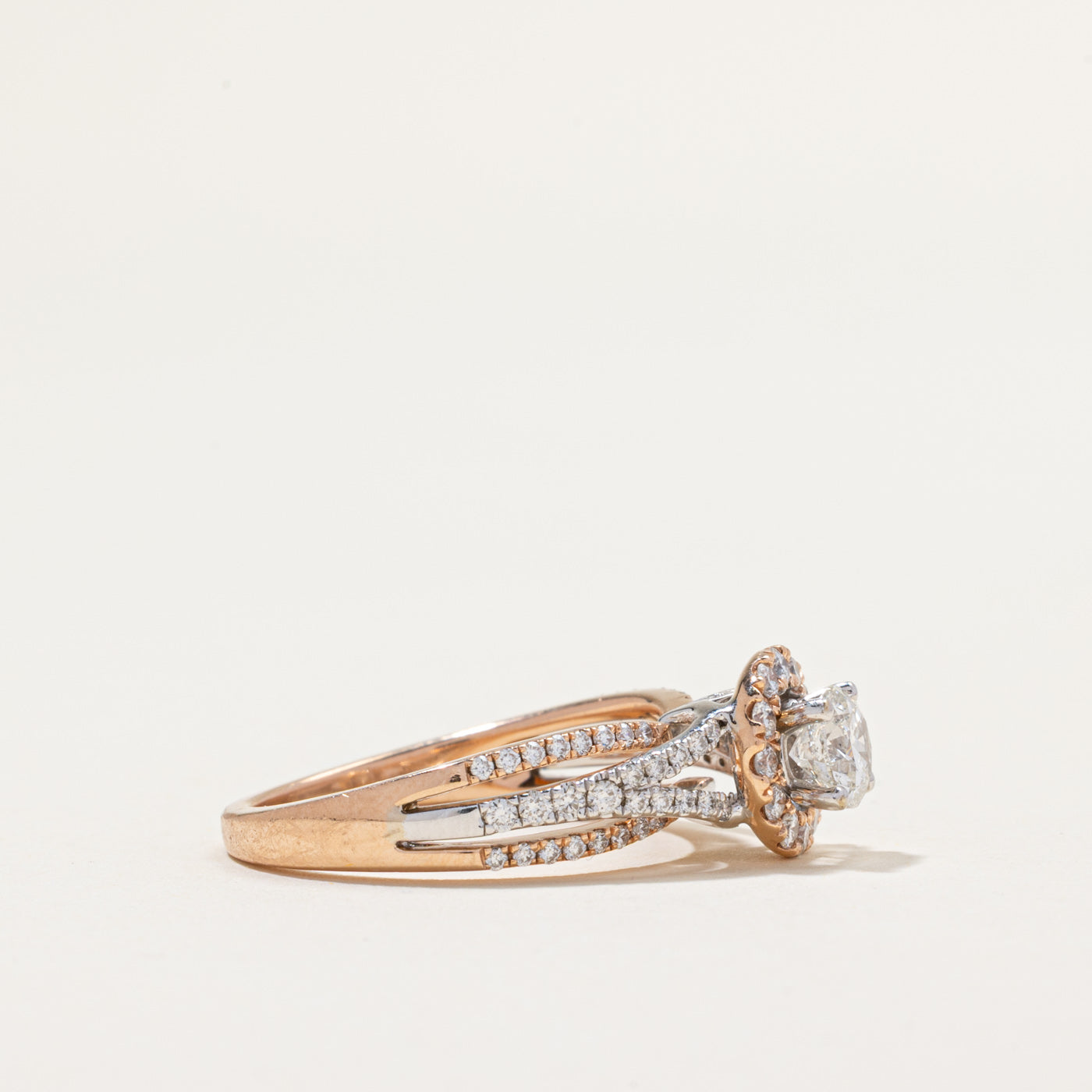 Two Tone Gold Diamond Halo Engagement Ring | 1.06ctw | SZ 7