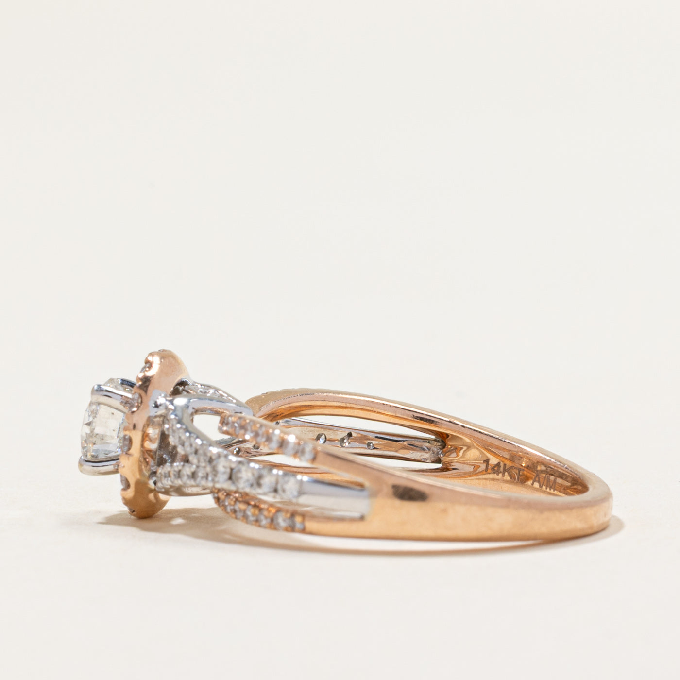 Two Tone Gold Diamond Halo Engagement Ring | 1.06ctw | SZ 7