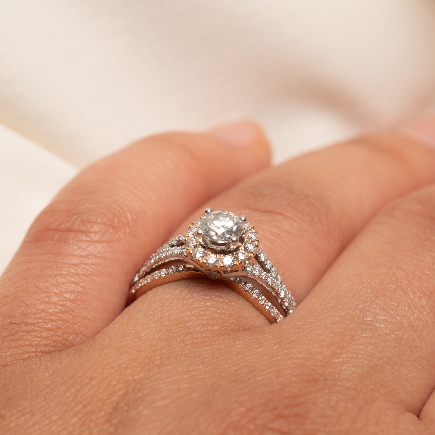 Two Tone Gold Diamond Halo Engagement Ring | 1.06ctw | SZ 7