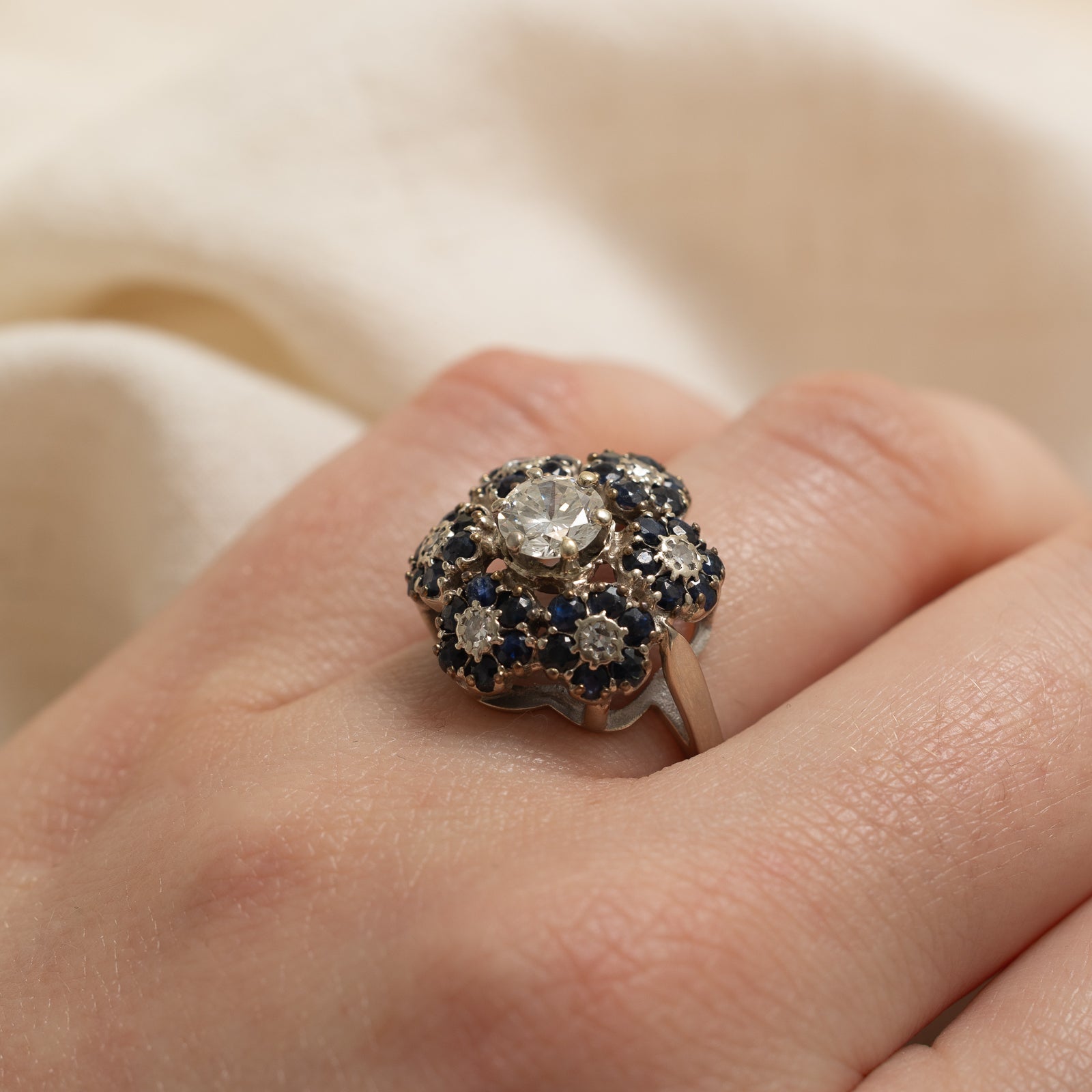 Diamond & Sapphire Floral Cocktail Ring | 0.83ctw, 0.75ctw | SZ 6.75