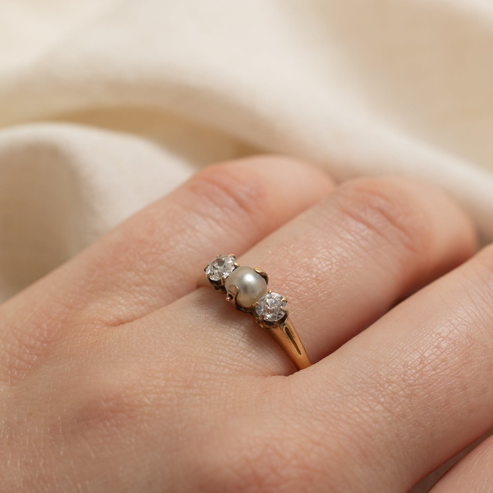 Antique natural Pearl & Old-cut Diamond trilogy ring | 0.45ctw | SZ 7.5