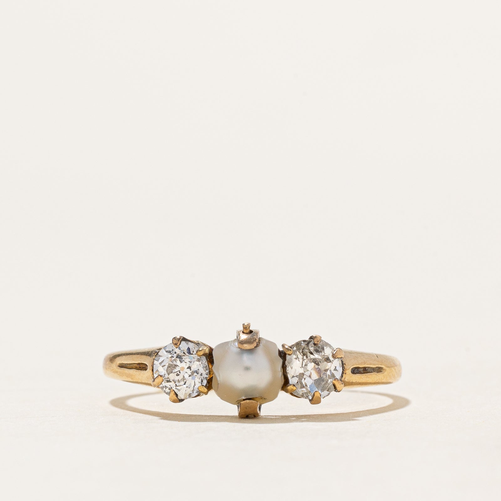 Antique natural Pearl & Old-cut Diamond trilogy ring | 0.45ctw | SZ 7.5