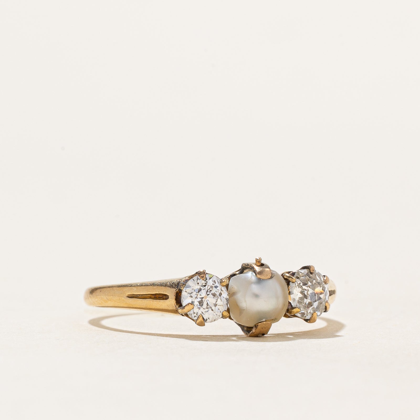 Antique natural Pearl & Old-cut Diamond trilogy ring | 0.45ctw | SZ 7.5