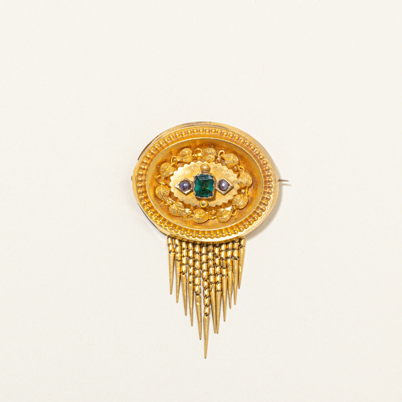 14K Ornate Dangling Emerald Doublet & Seed Pearls Brooch