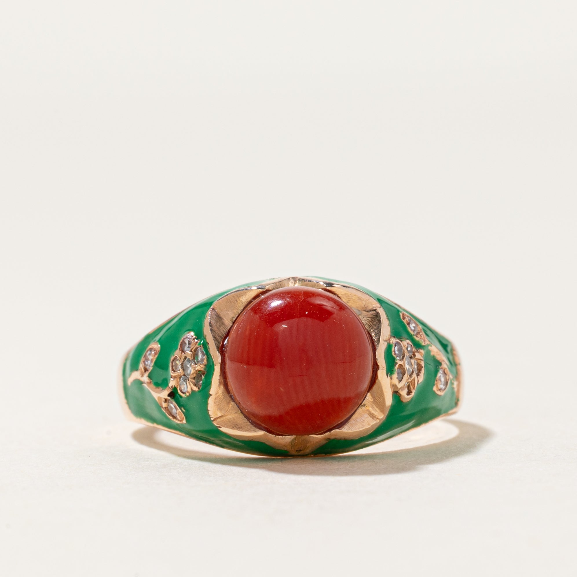 Italian Red Coral & Diamond Floral Enamel Dome Ring | 2.00ct, 0.08ctw | SZ 7