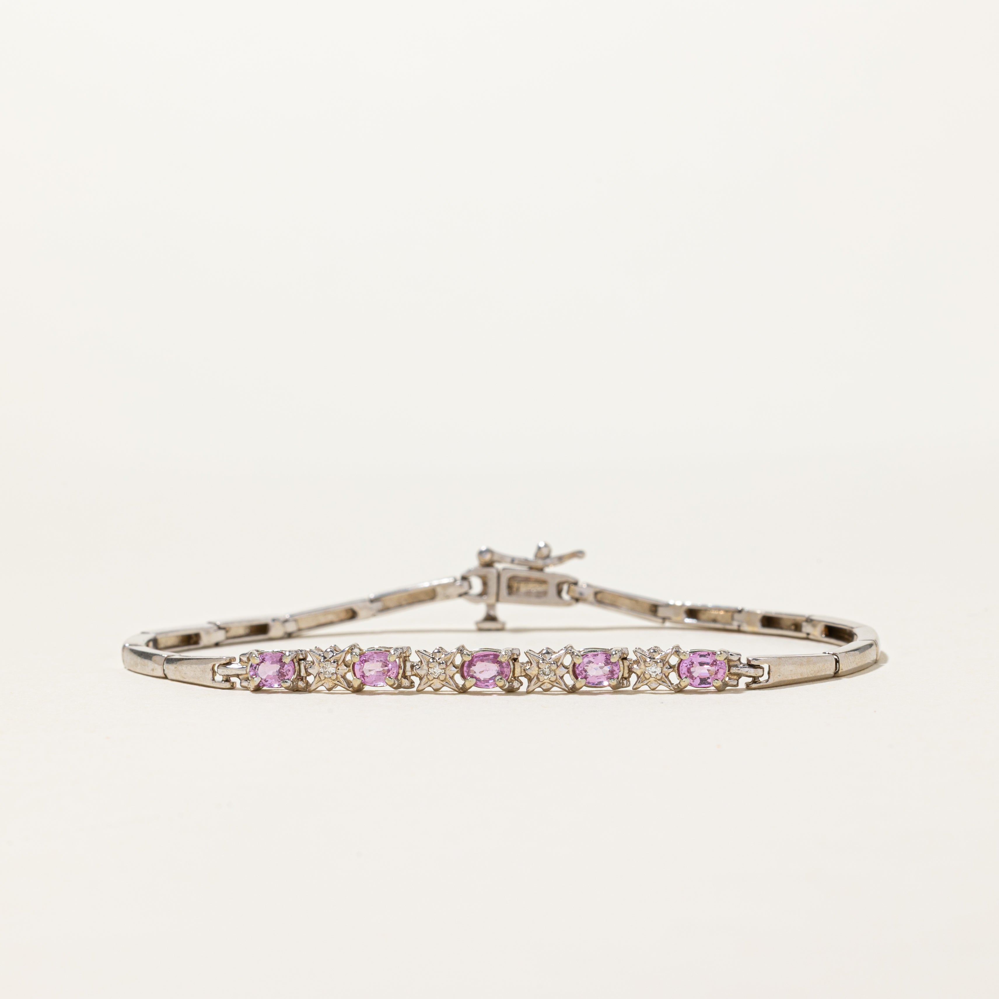 14K Pink Sapphire & Diamond Bar Link Gemstone Bracelet | 1.25ctw, 0.04ctw | 7.5"