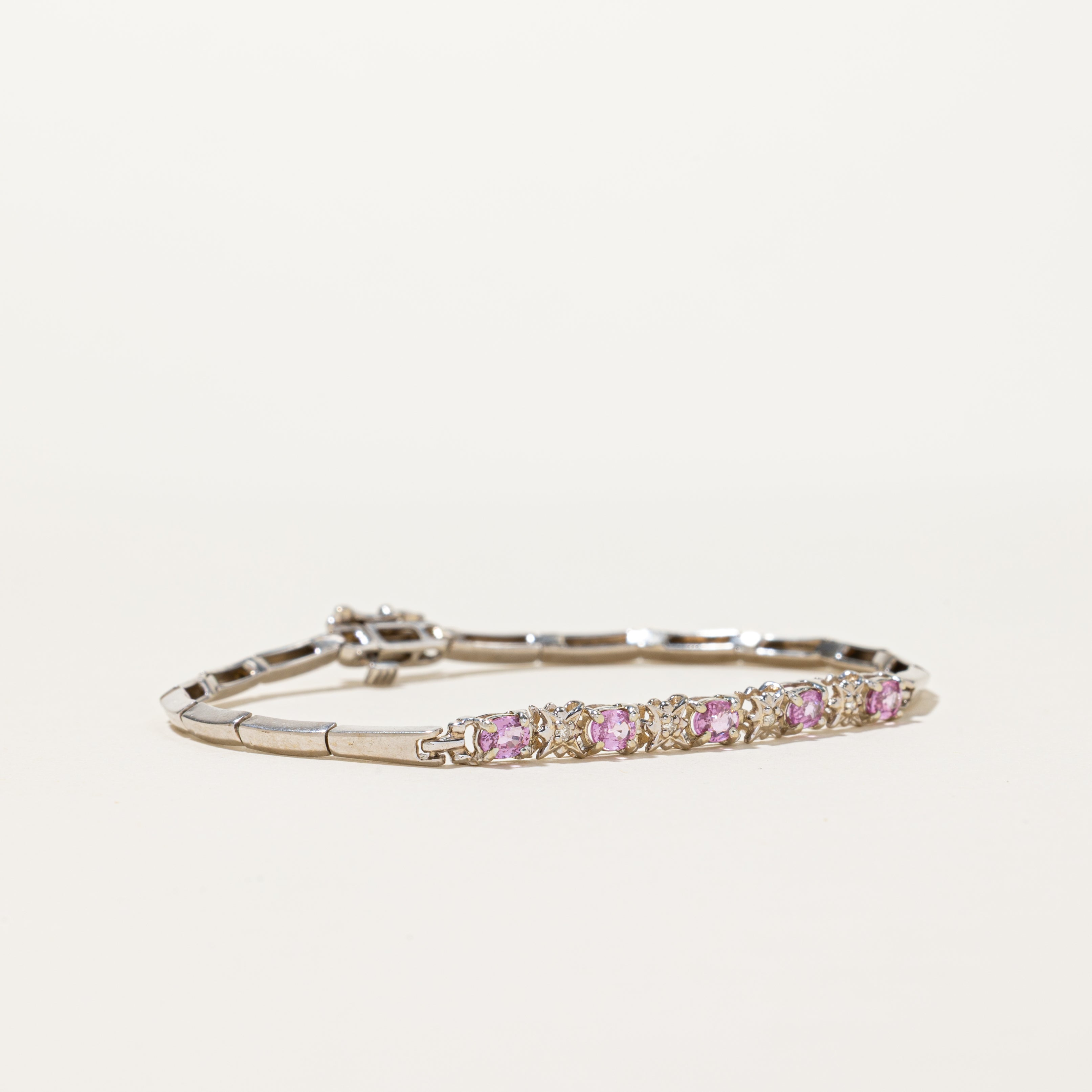 14K Pink Sapphire & Diamond Bar Link Gemstone Bracelet | 1.25ctw, 0.04ctw | 7.5"
