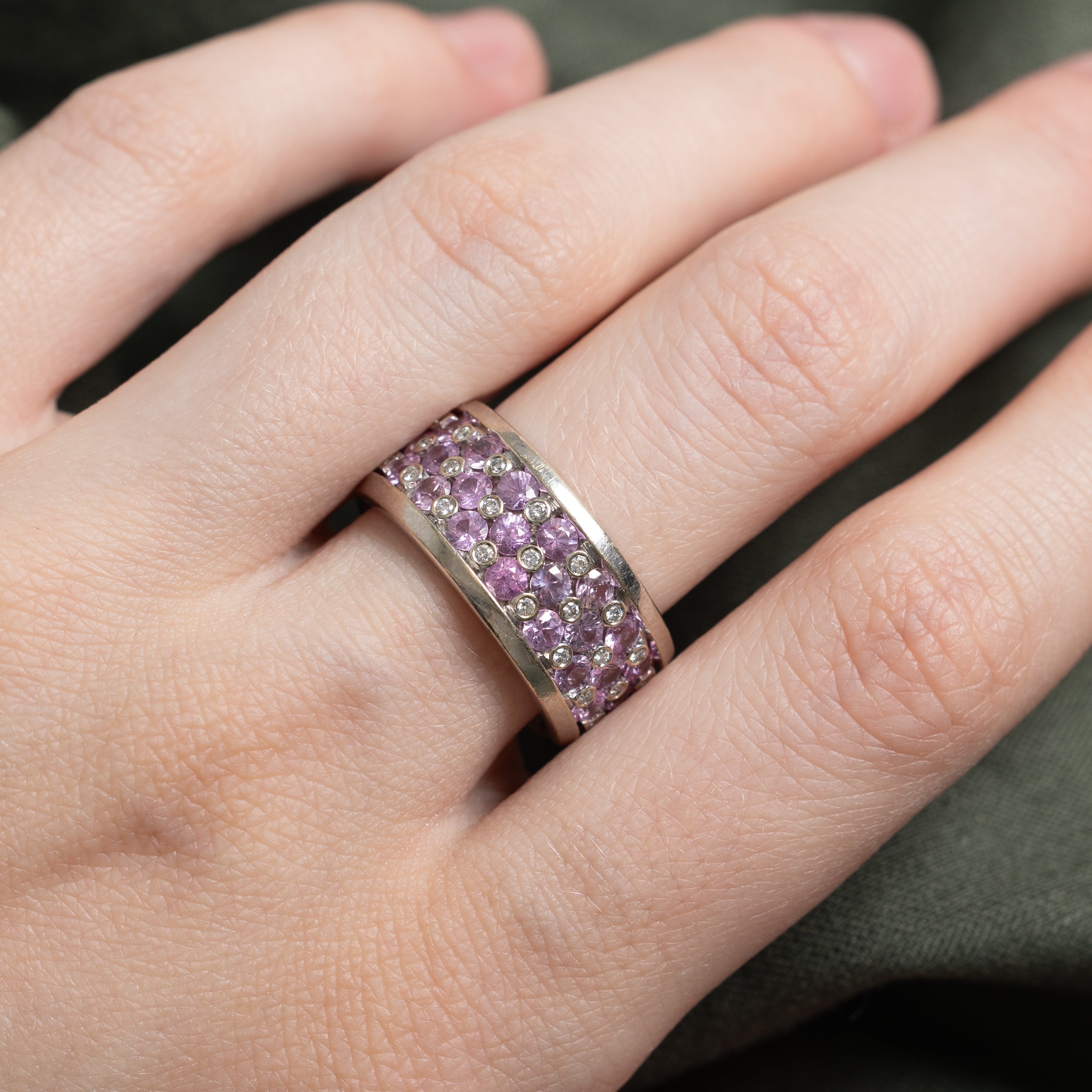 18K Eternity Pave Set Pink Sapphire & Diamond Band | 2.88ctw, 0.25ctw | SZ 7.75