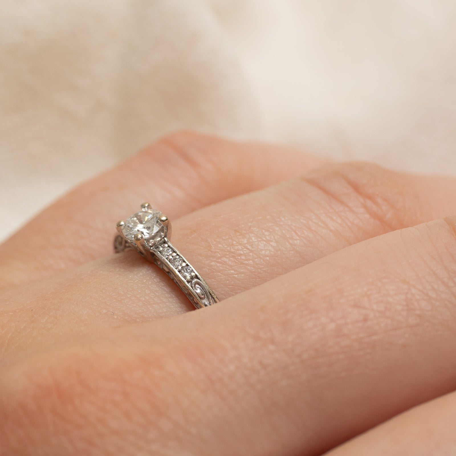 GIA Certified Diamond Engraved Engagement Ring | 0.34ctw | SZ 5.5