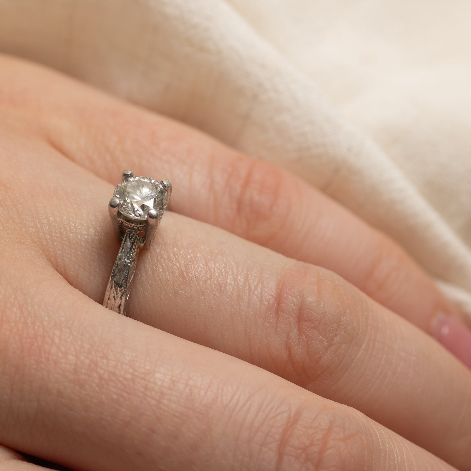 1990 GIA Certified Diamond Engraved Engagement Ring | 1.02ct SI1 E | SZ 6.5