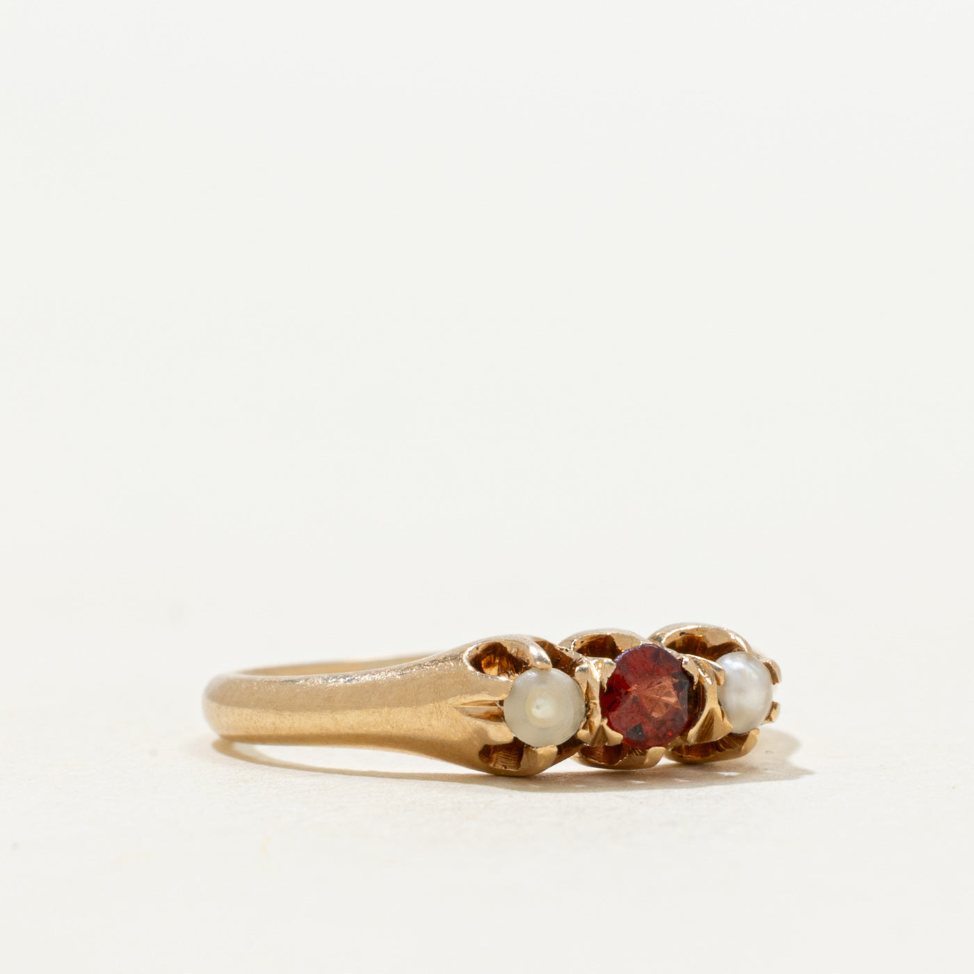 'Birks' Belcher Set Garnet & Pearl Pinky Ring | 0.95ct | SZ 3.5