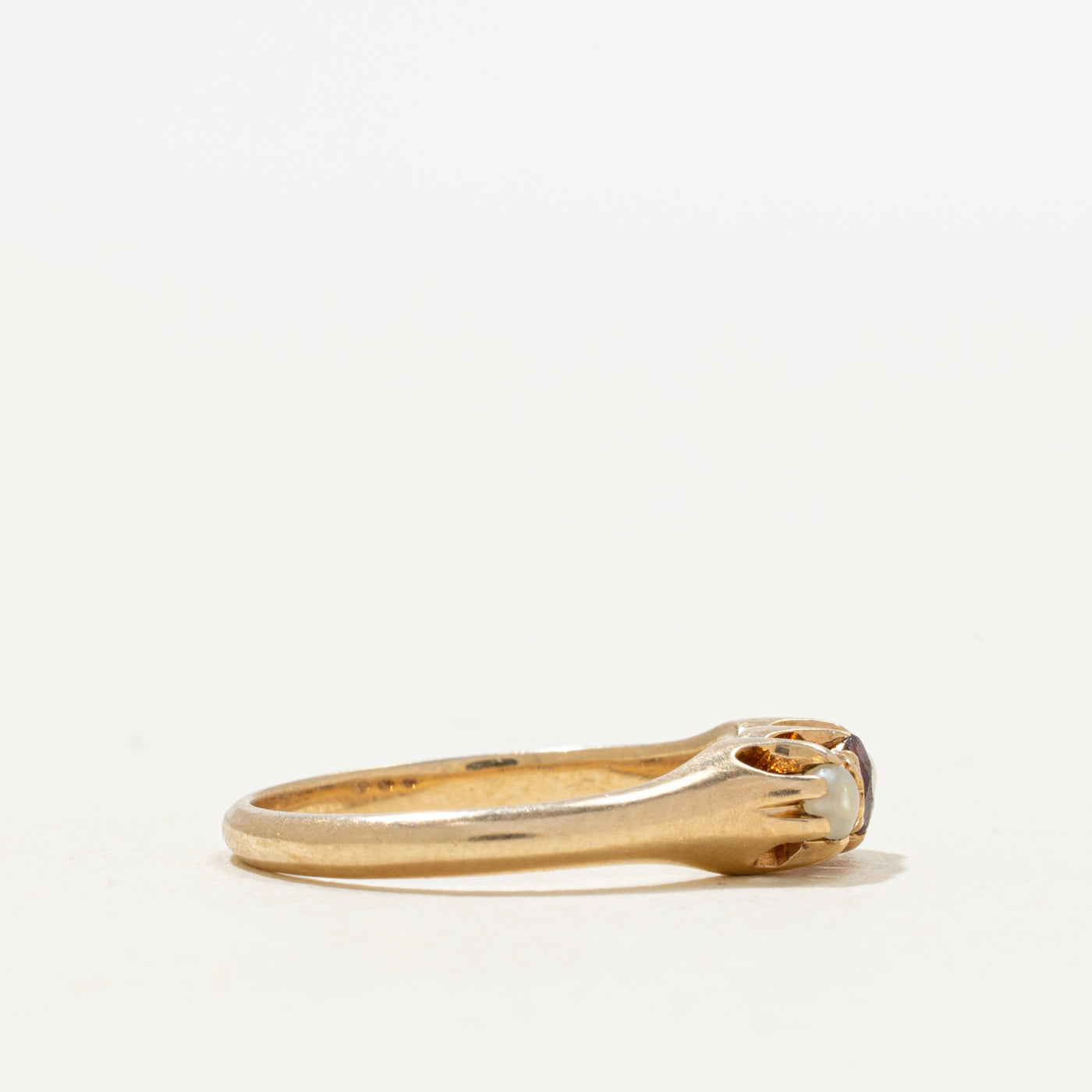 'Birks' Belcher Set Garnet & Pearl Pinky Ring | 0.95ct | SZ 3.5