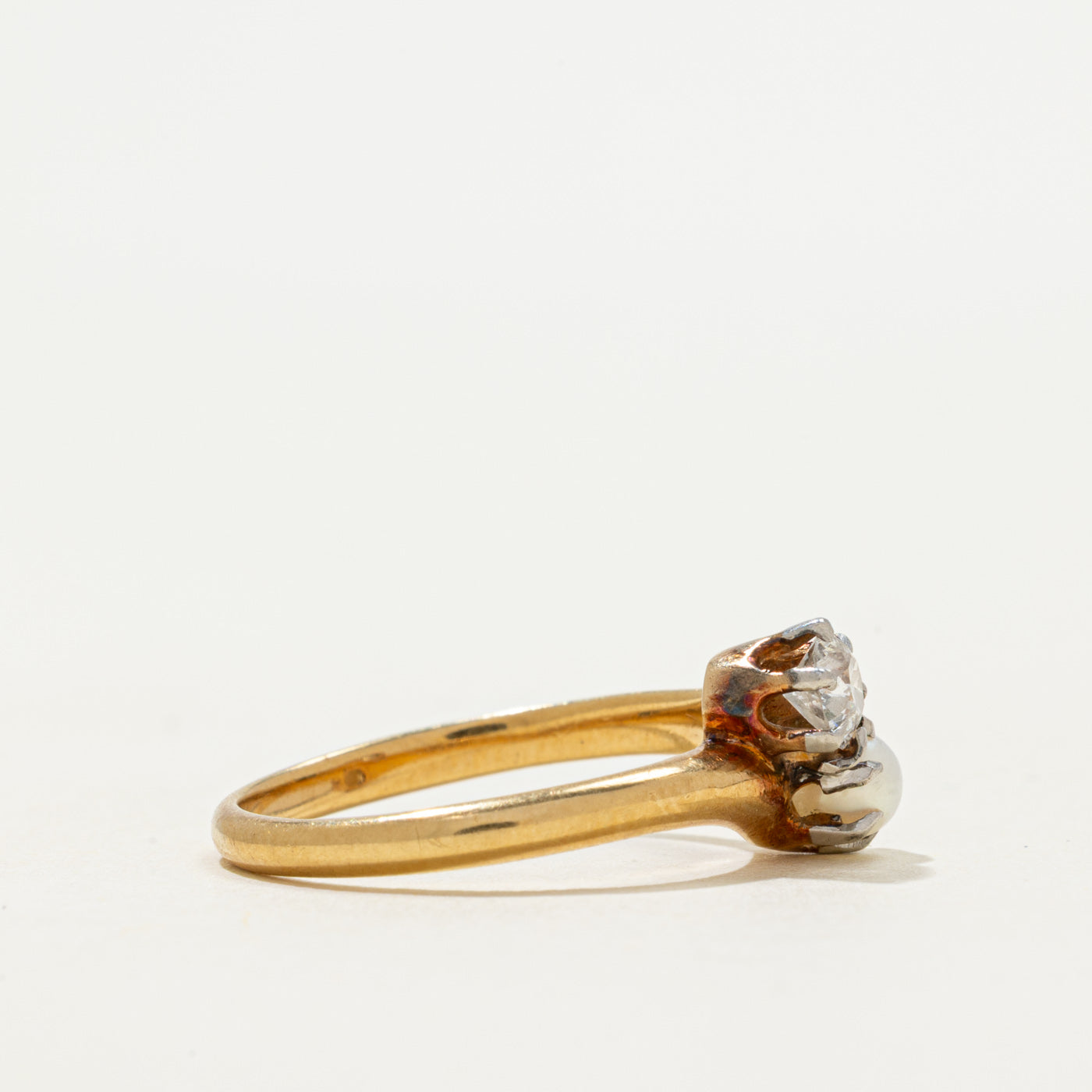 'Birks' 18k Toi et Moi Old European Cut Diamond & Pearl Ring | 0.24ct | SZ 6