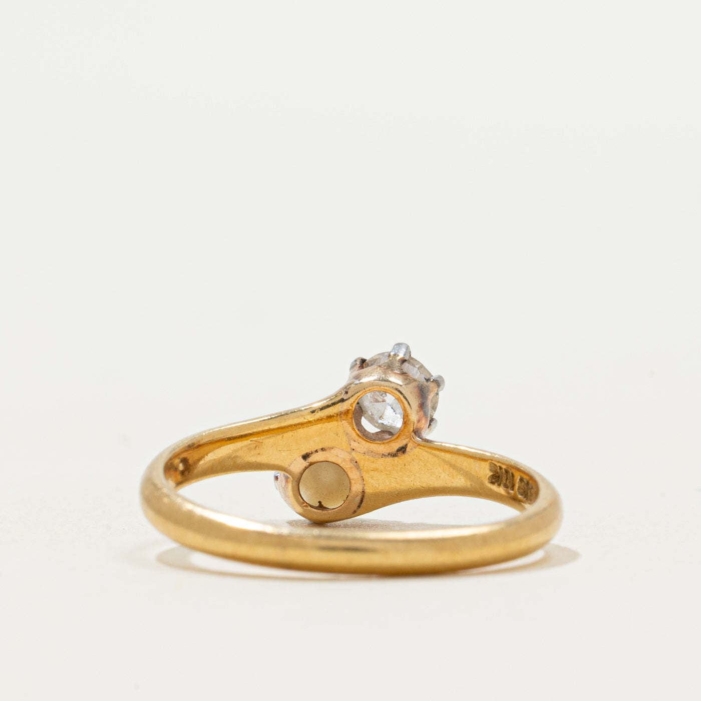 'Birks' 18k Toi et Moi Old European Cut Diamond & Pearl Ring | 0.24ct | SZ 6