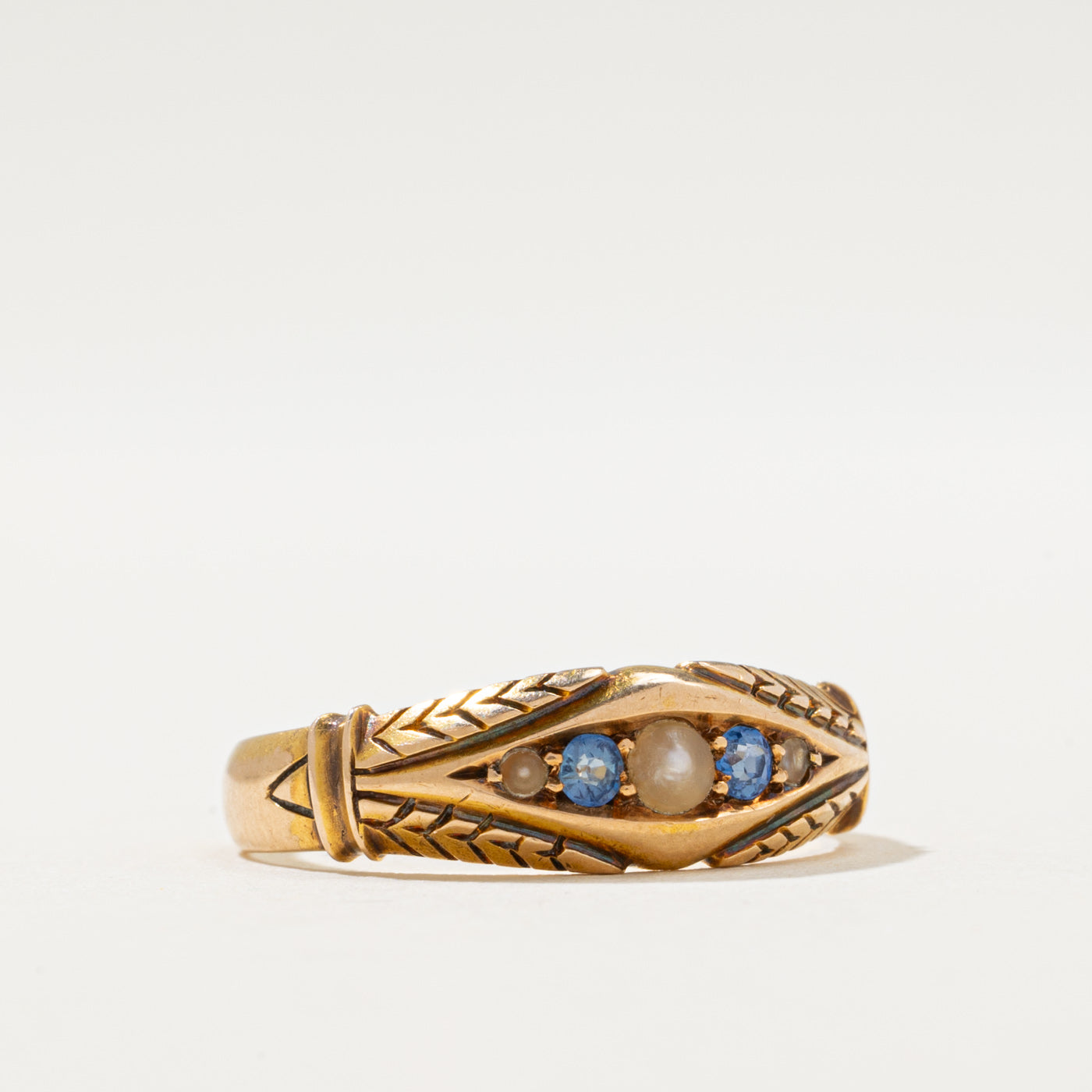 Victorian 15K Gold Seed Pearl & Sapphire Ring | 0.11ctw | SZ 7.25