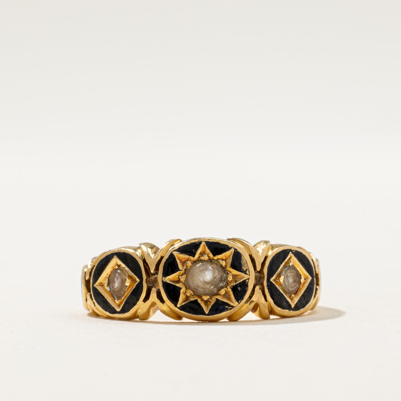 1874 Victorian London Seed Pearl & Black Enamel Ring | 7.5